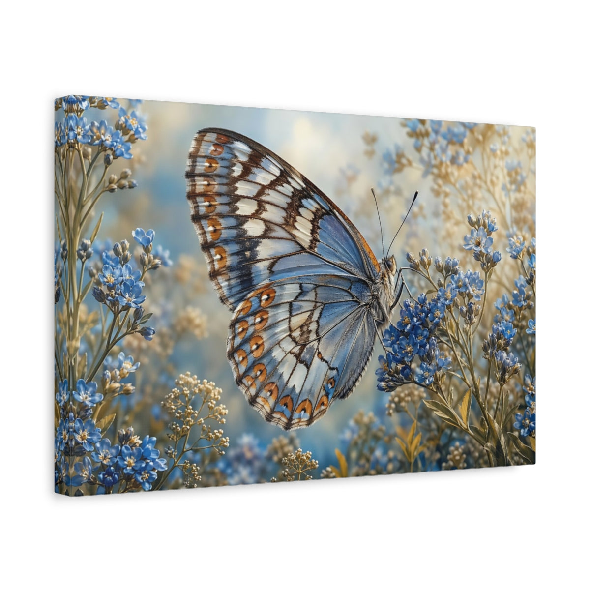 Side Mockup 4. Nature Butterfly Blue Butterfly shown as stretched canvas wall art