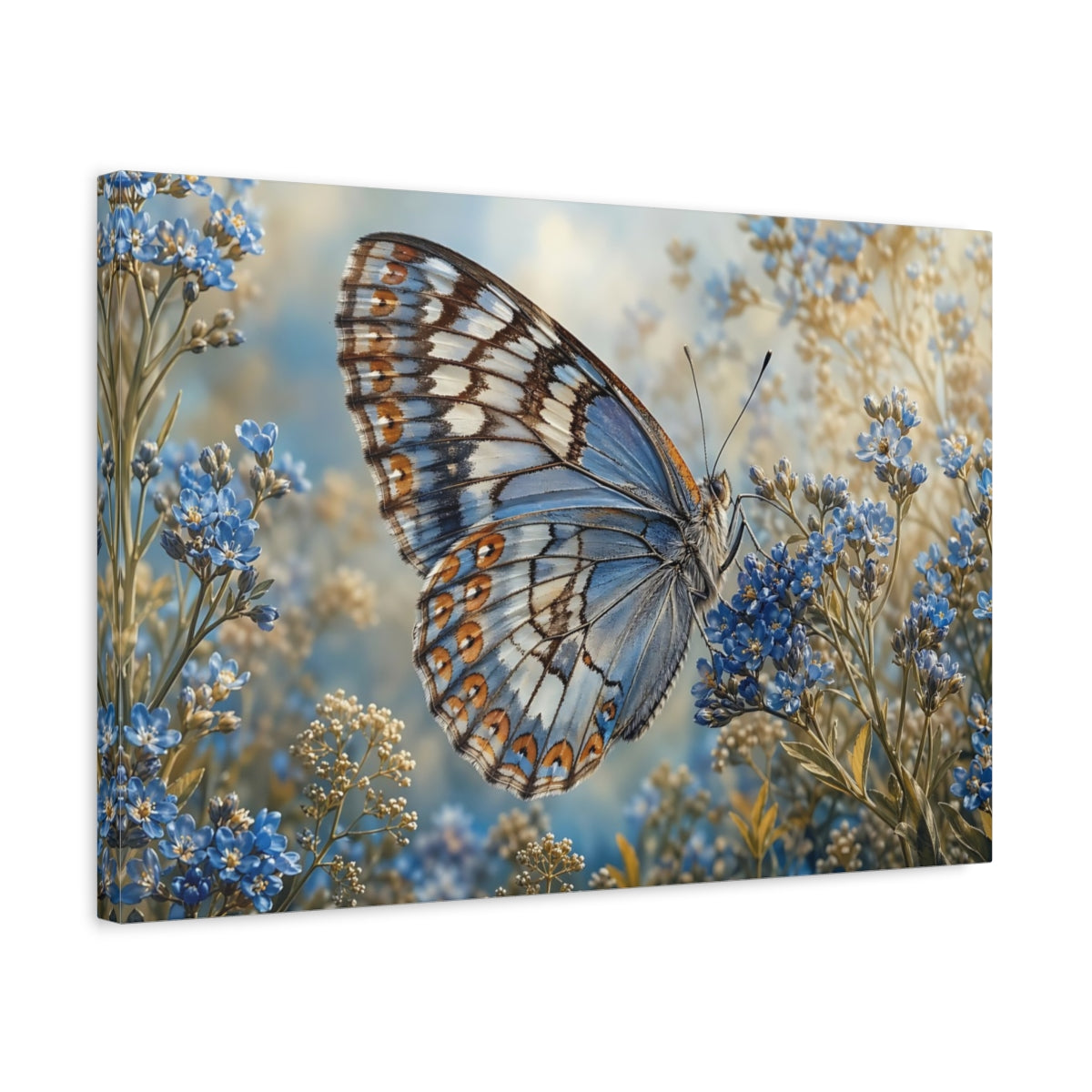 Side Mockup 3. Nature Butterfly Blue Butterfly shown as stretched canvas wall art