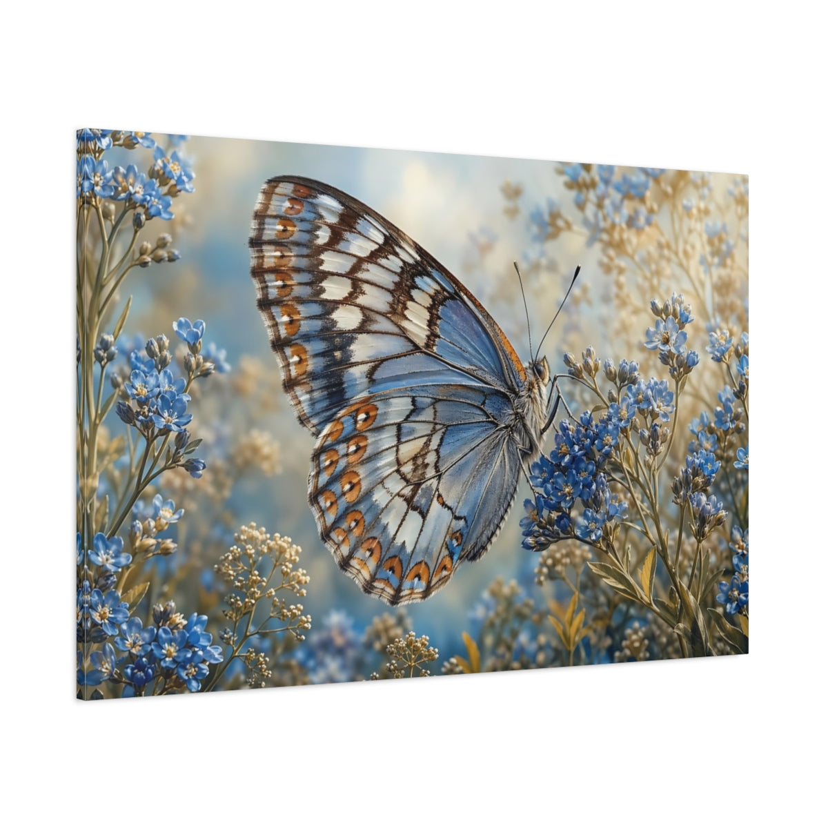 Side Mockup 1. Nature Butterfly Blue Butterfly shown as stretched canvas wall art