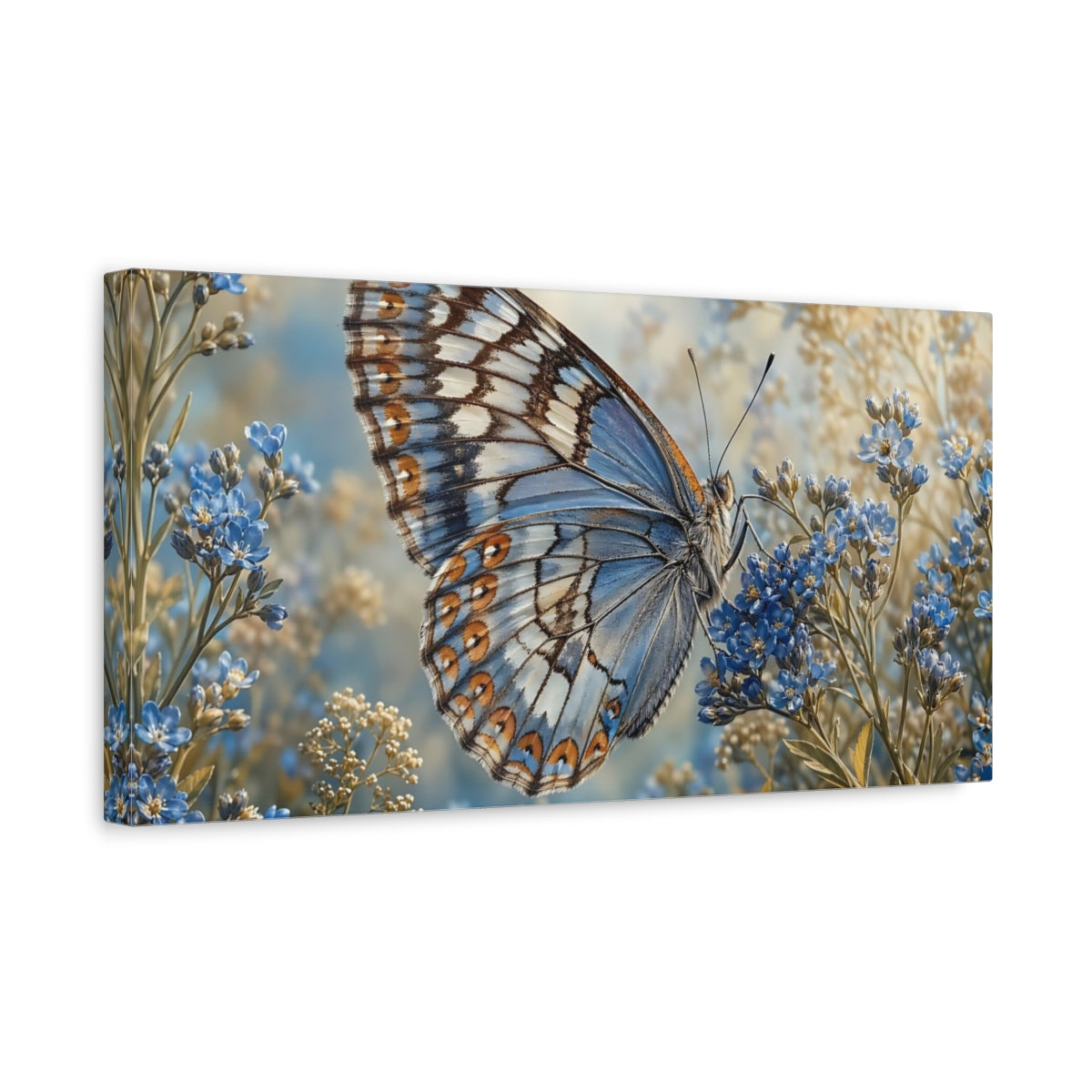 Side Mockup 3. Nature Butterfly Blue Butterfly Floral shown as stretched canvas wall art
