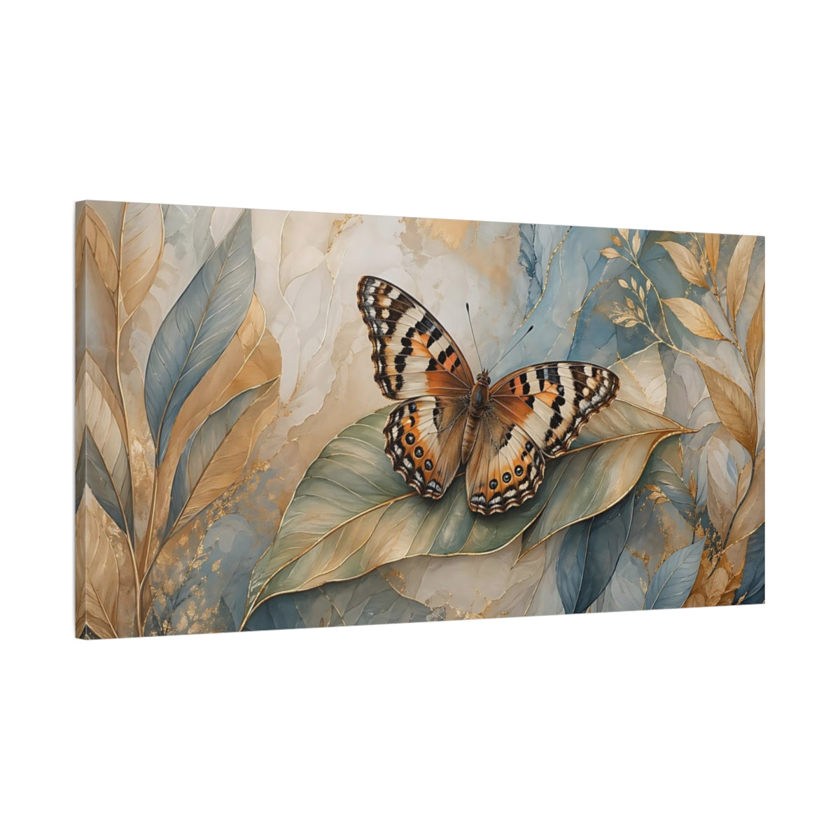 Main Mockup. Nature Butterfly Blue Gold Butterfly shown as stretched canvas wall art
