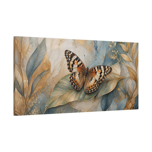 Main Mockup. Nature Butterfly Blue Gold Butterfly shown as stretched canvas wall art