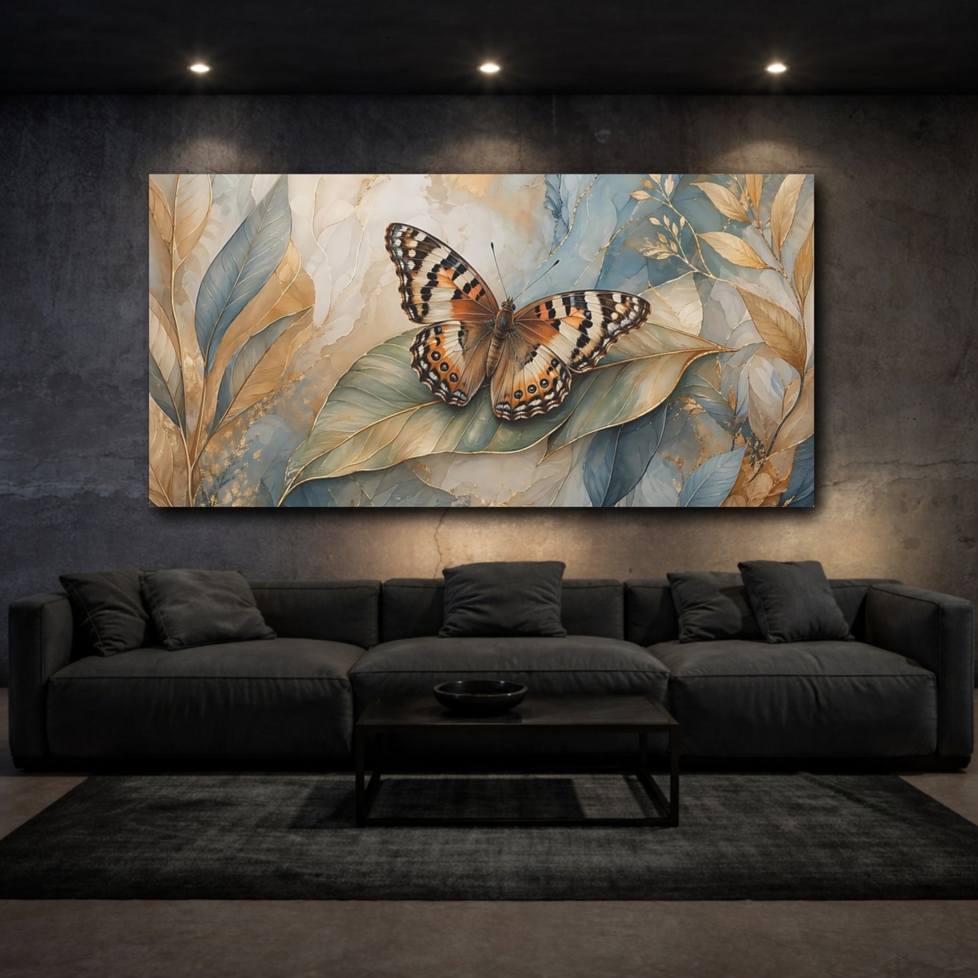 Mockup 2. Nature Butterfly Blue Gold Butterfly shown as stretched canvas wall art