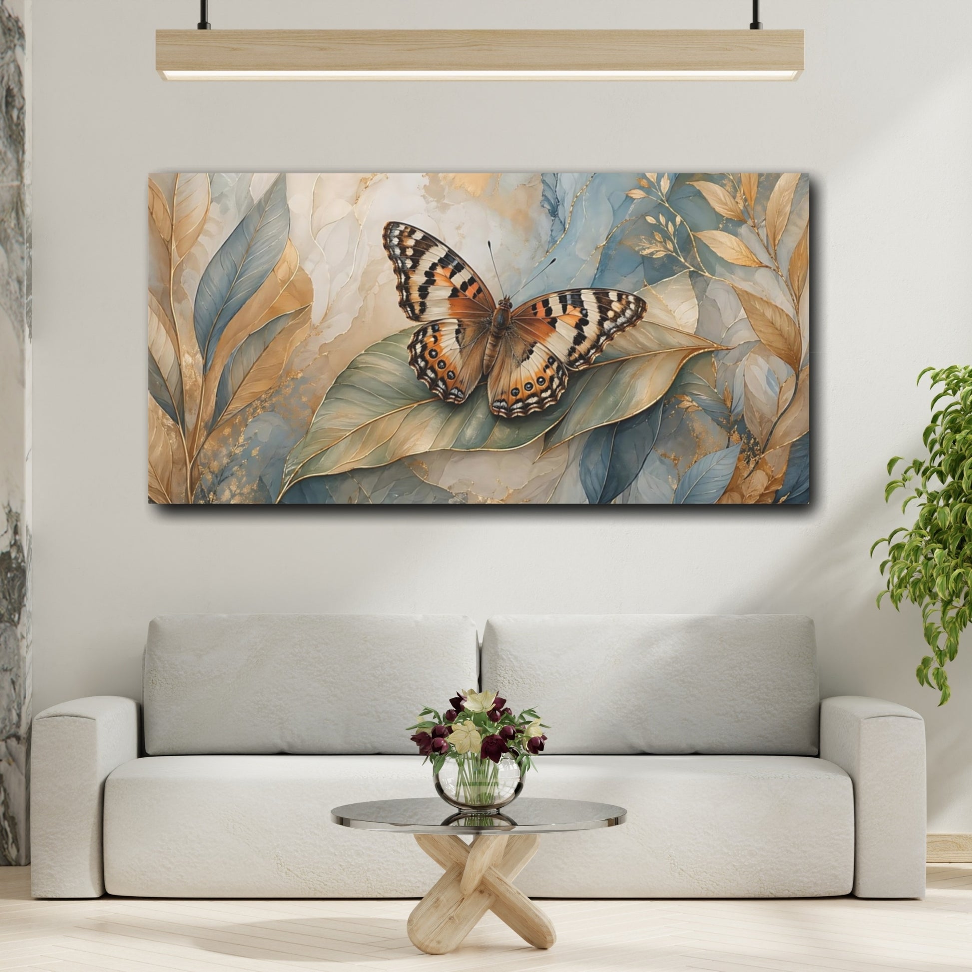 Mockup 3. Nature Butterfly Blue Gold Butterfly shown as stretched canvas wall art