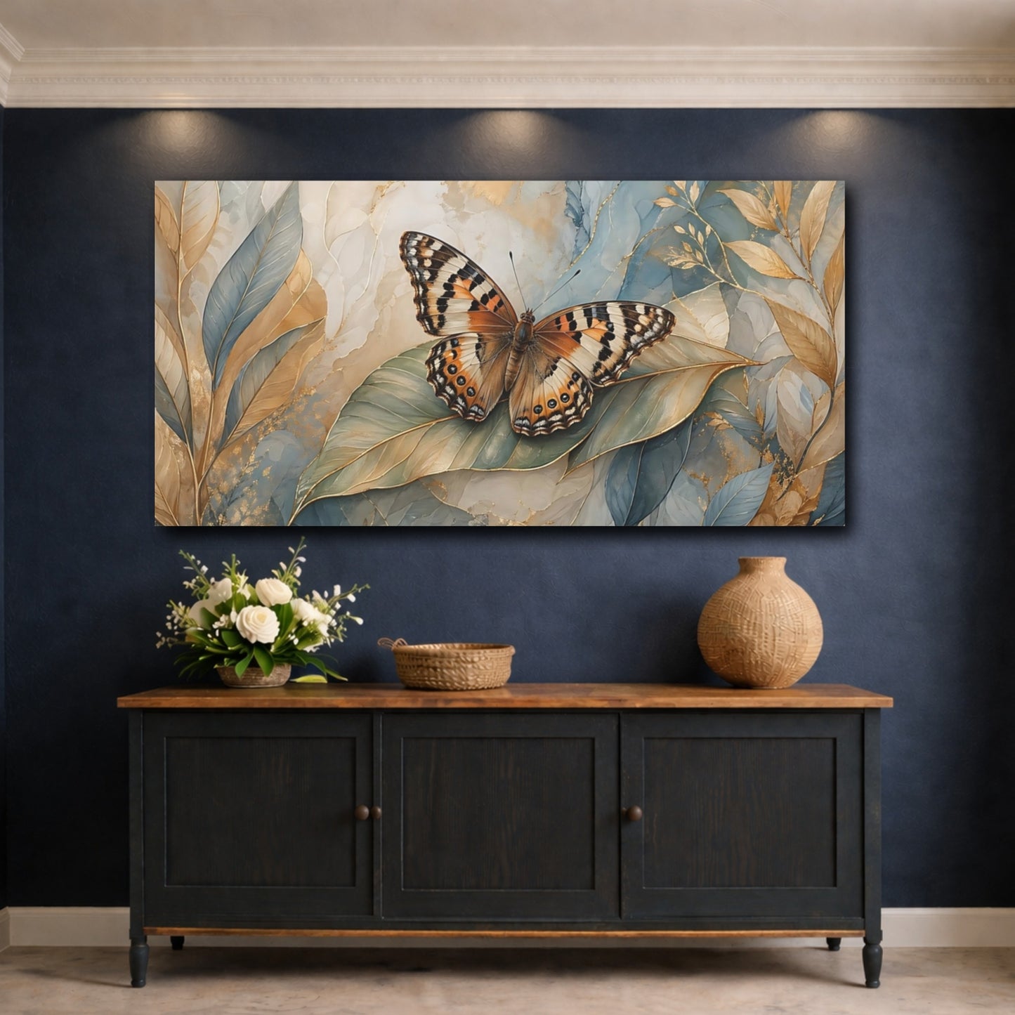 Mockup 4. Nature Butterfly Blue Gold Butterfly shown as stretched canvas wall art