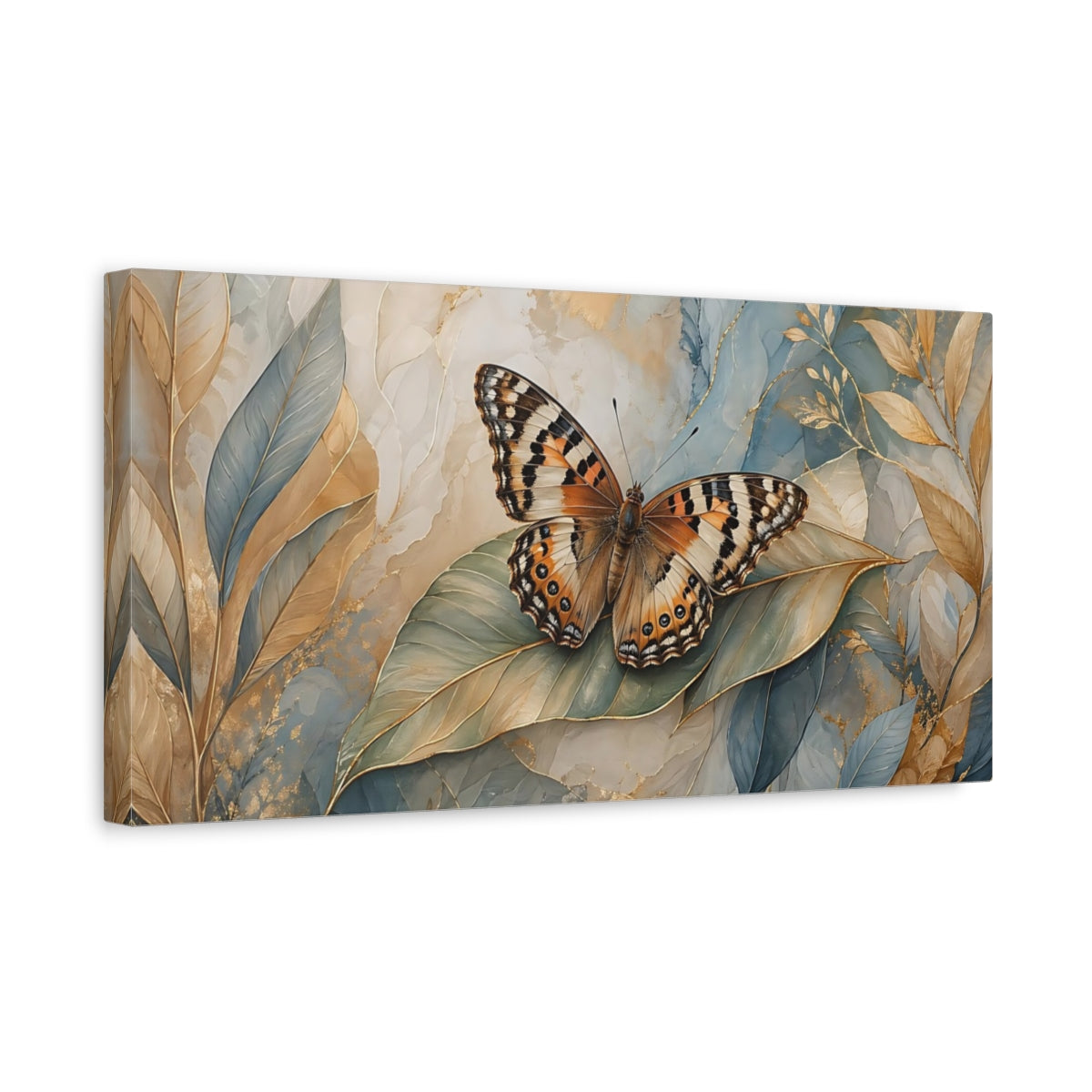 Side Mockup 3. Nature Butterfly Blue Gold Butterfly shown as stretched canvas wall art