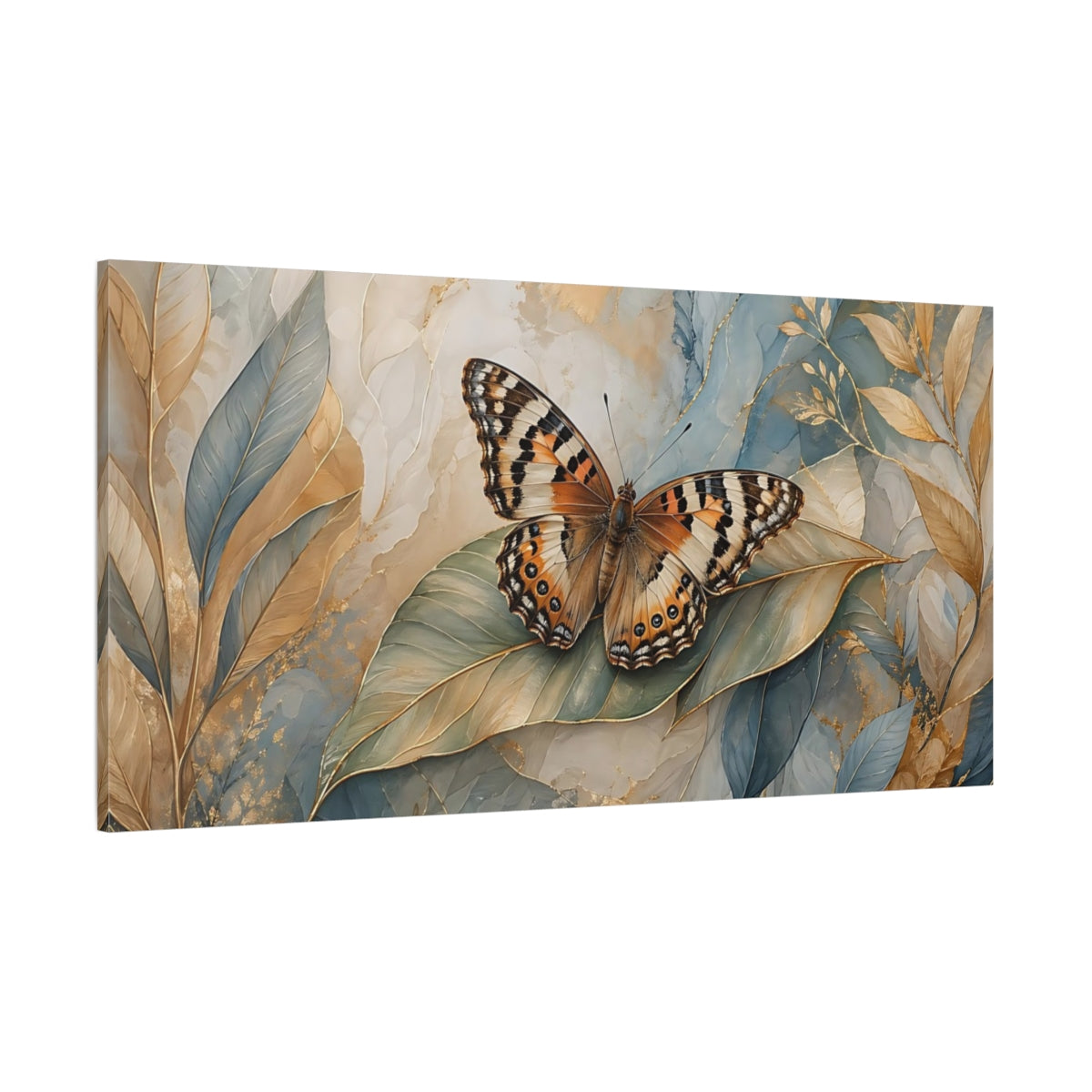 Side Mockup 2. Nature Butterfly Blue Gold Butterfly shown as stretched canvas wall art