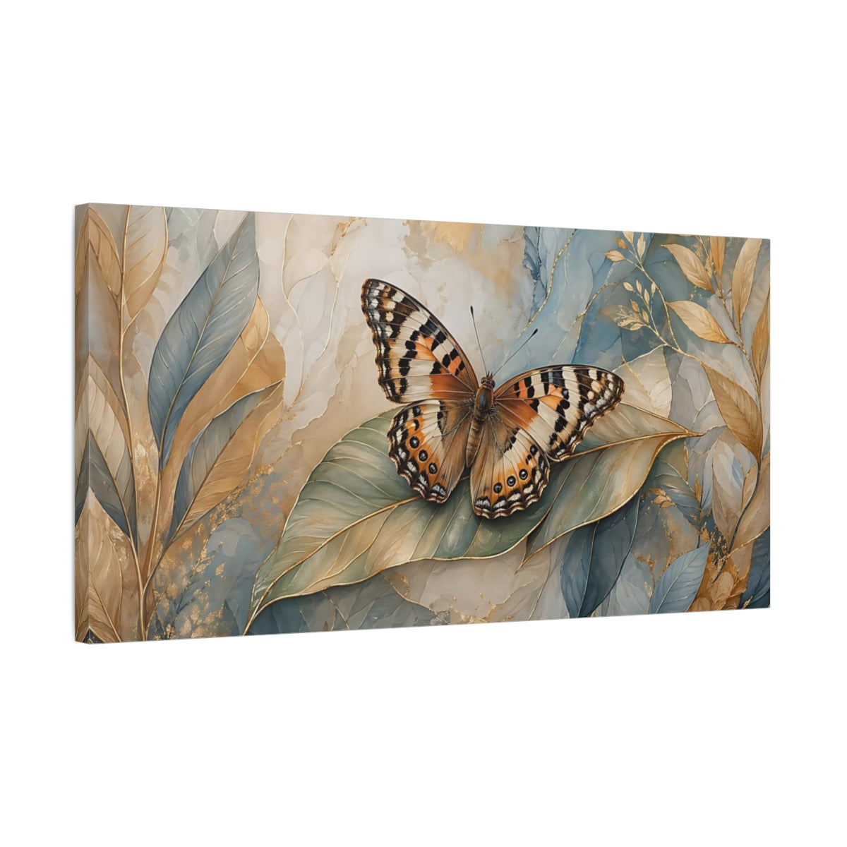 Side Mockup 1. Nature Butterfly Blue Gold Butterfly shown as stretched canvas wall art