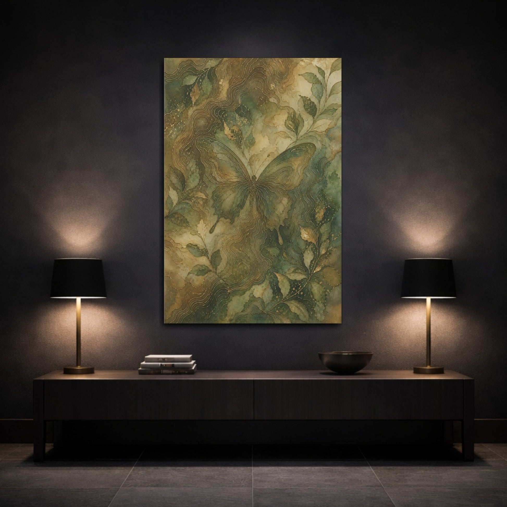 Nature Butterfly Green And Gold Canvas Print – Living Room, Above Fireplace - YesArtYes