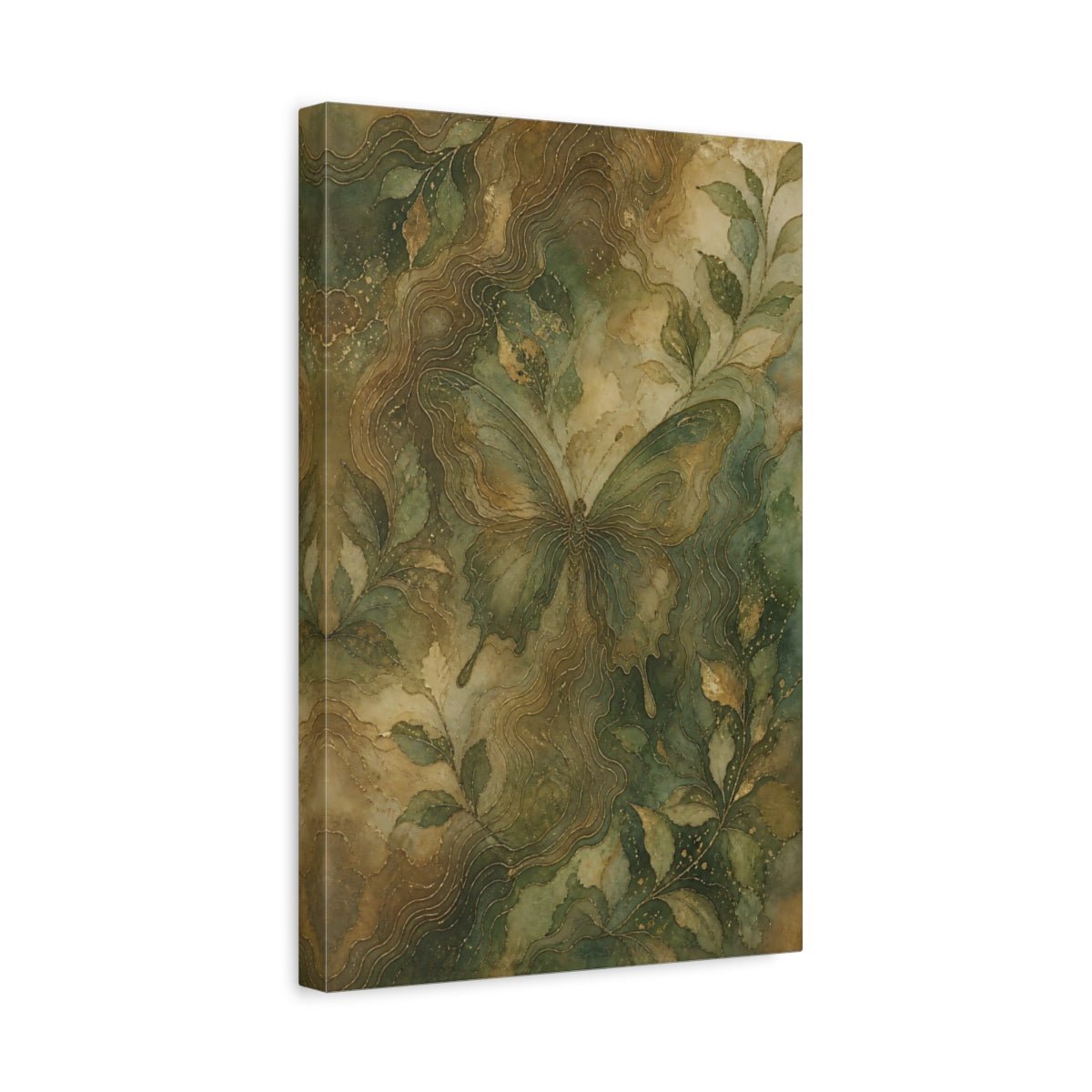 Nature Butterfly Green And Gold Canvas Print – Living Room, Above Fireplace - YesArtYes