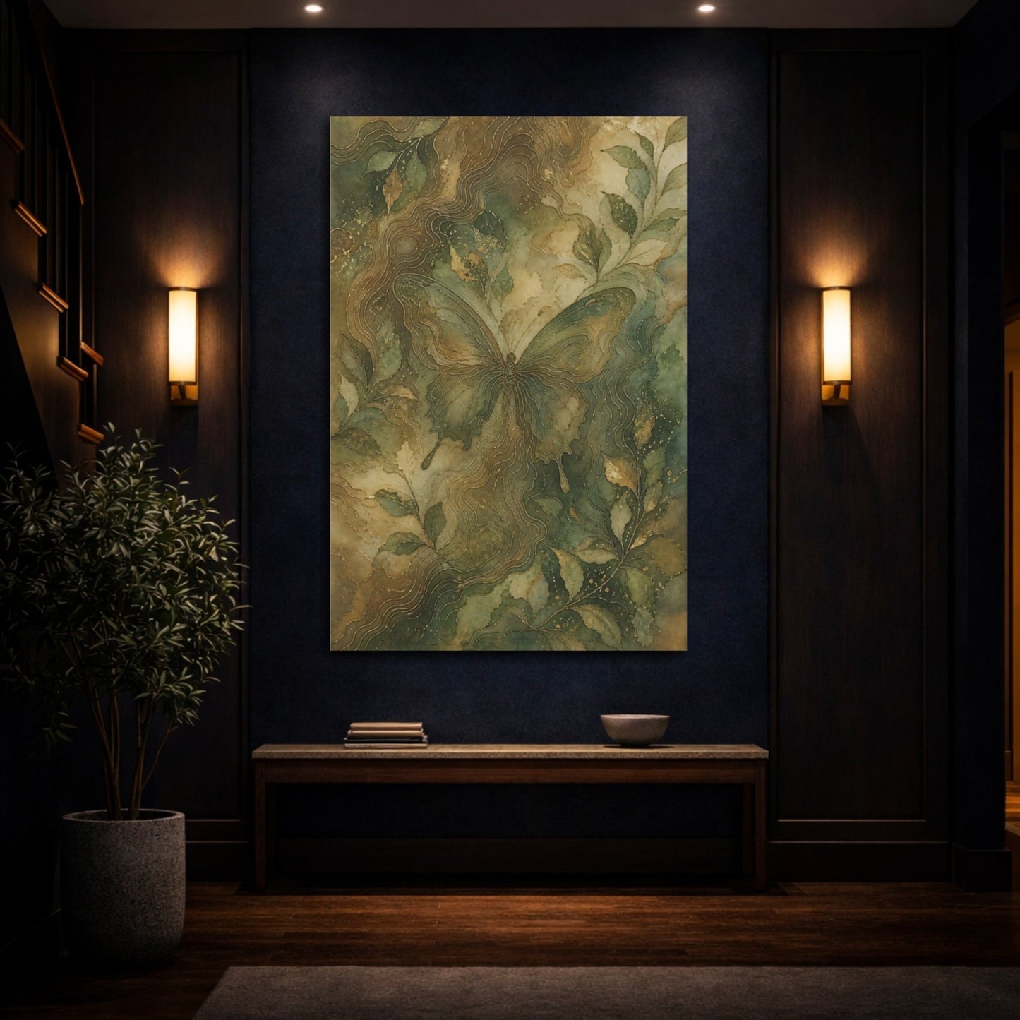 Nature Butterfly Green And Gold Canvas Print – Living Room, Above Fireplace - YesArtYes