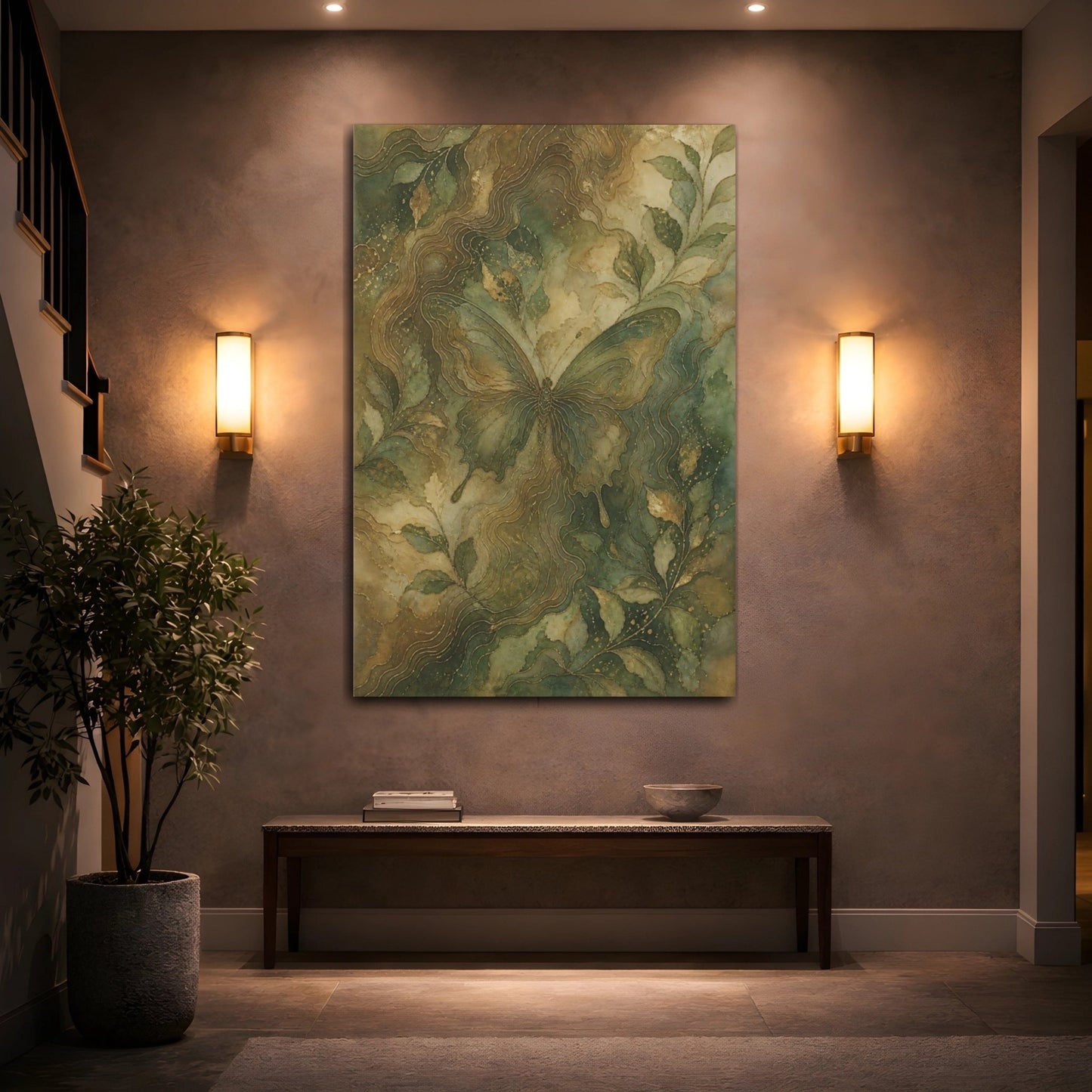 Nature Butterfly Green And Gold Canvas Print – Living Room, Above Fireplace - YesArtYes
