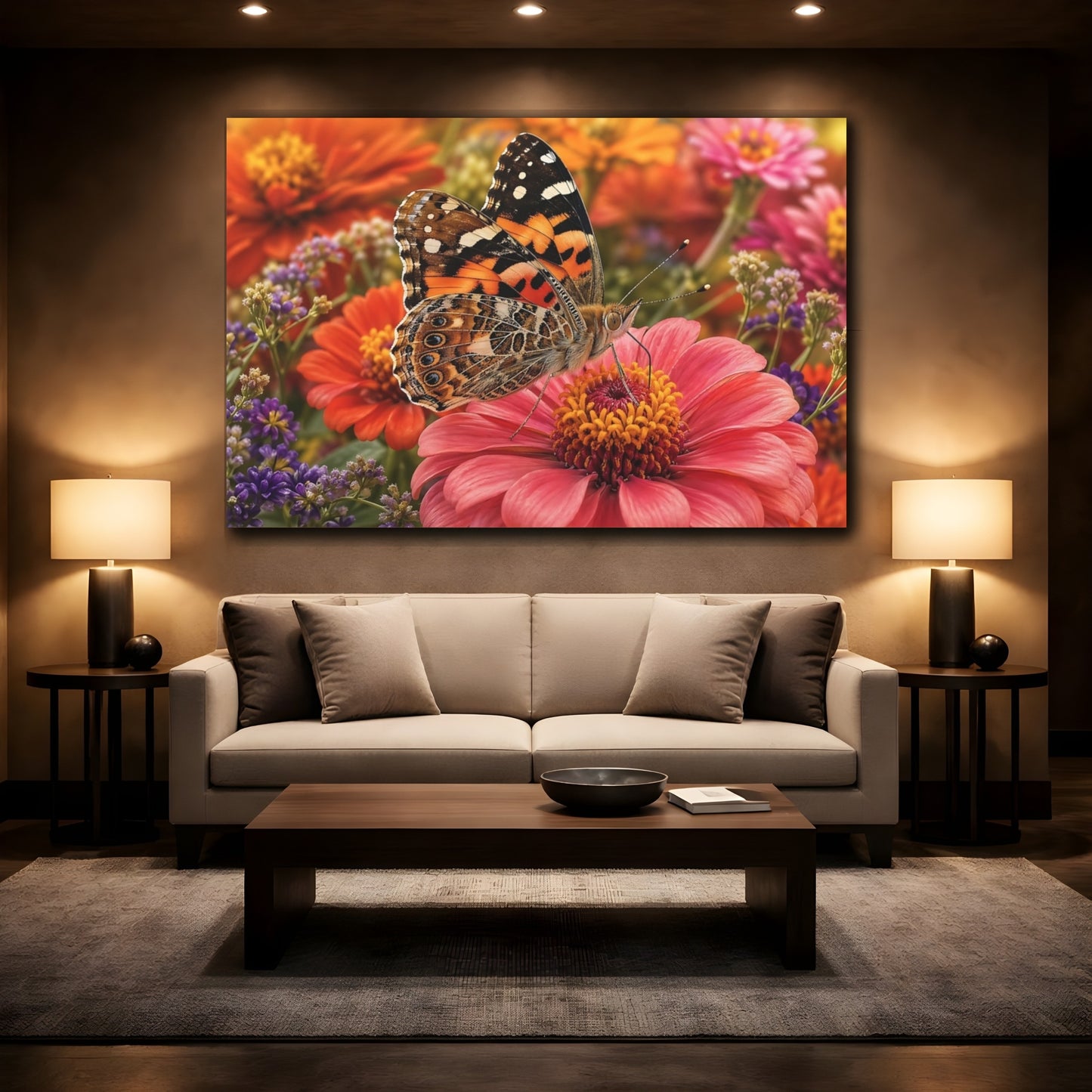 Mockup 2. Nature Butterfly Orange Pink Butterfly shown as stretched canvas wall art