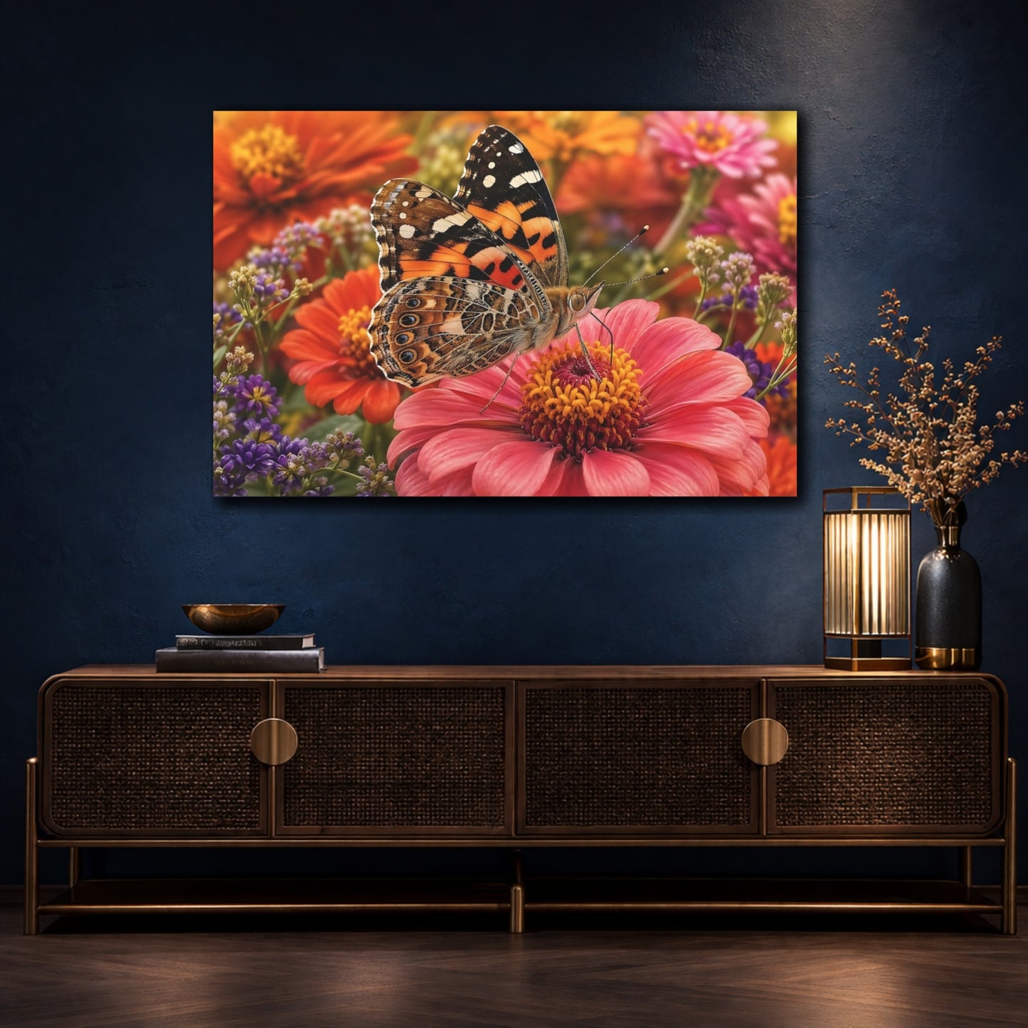 Mockup 4. Nature Butterfly Orange Pink Butterfly shown as stretched canvas wall art