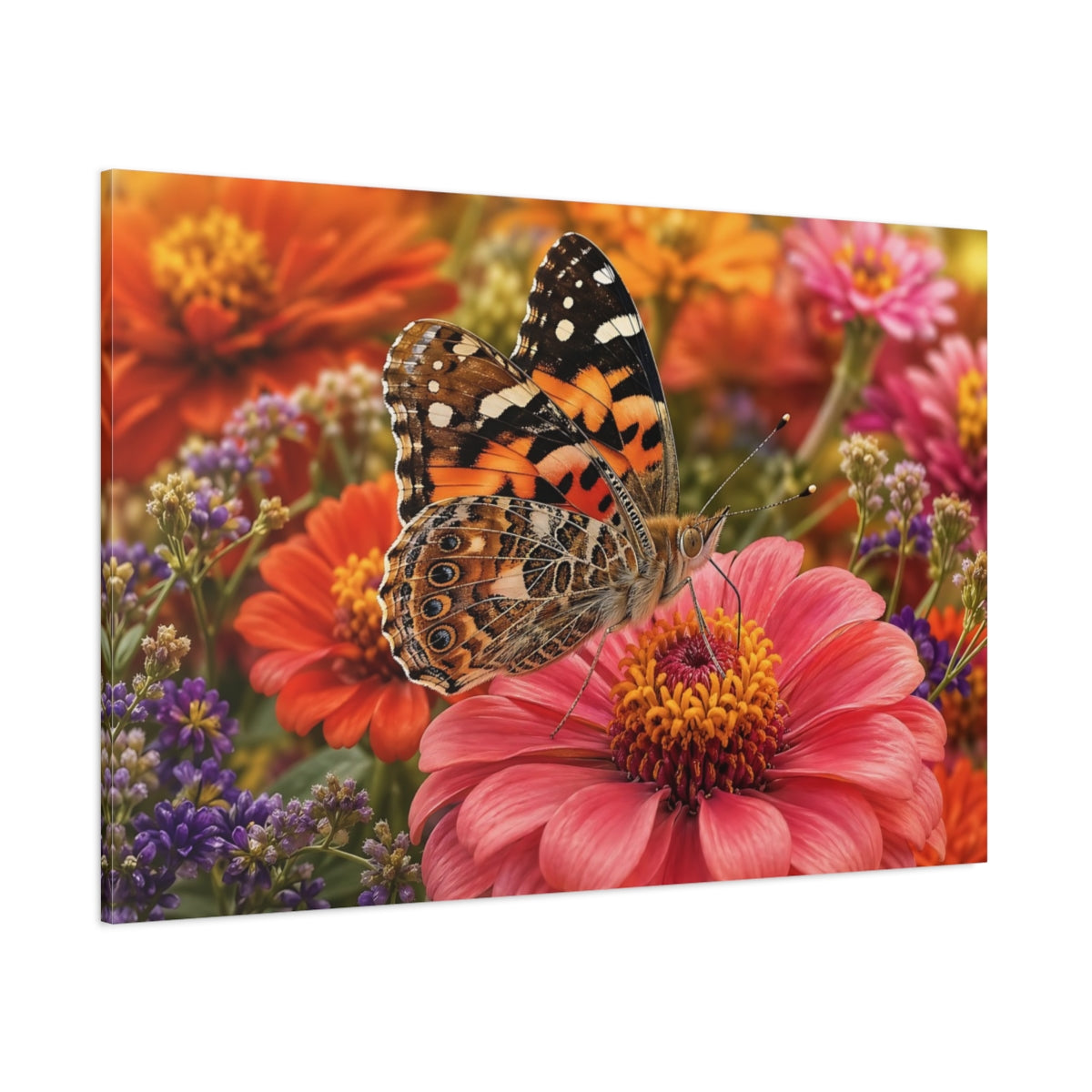 Side Mockup 1. Nature Butterfly Orange Pink Butterfly shown as stretched canvas wall art