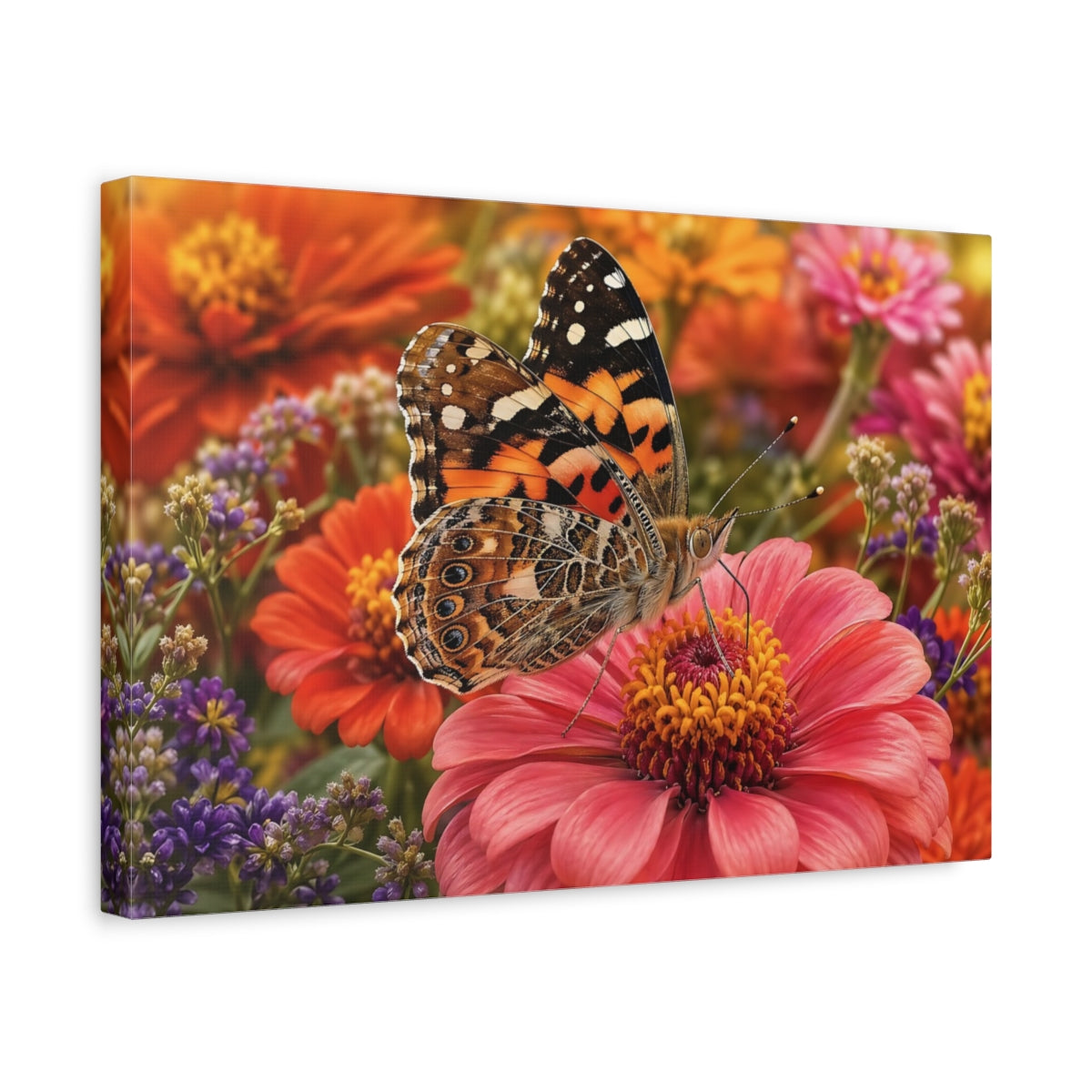 Side Mockup 4. Nature Butterfly Orange Pink Butterfly shown as stretched canvas wall art