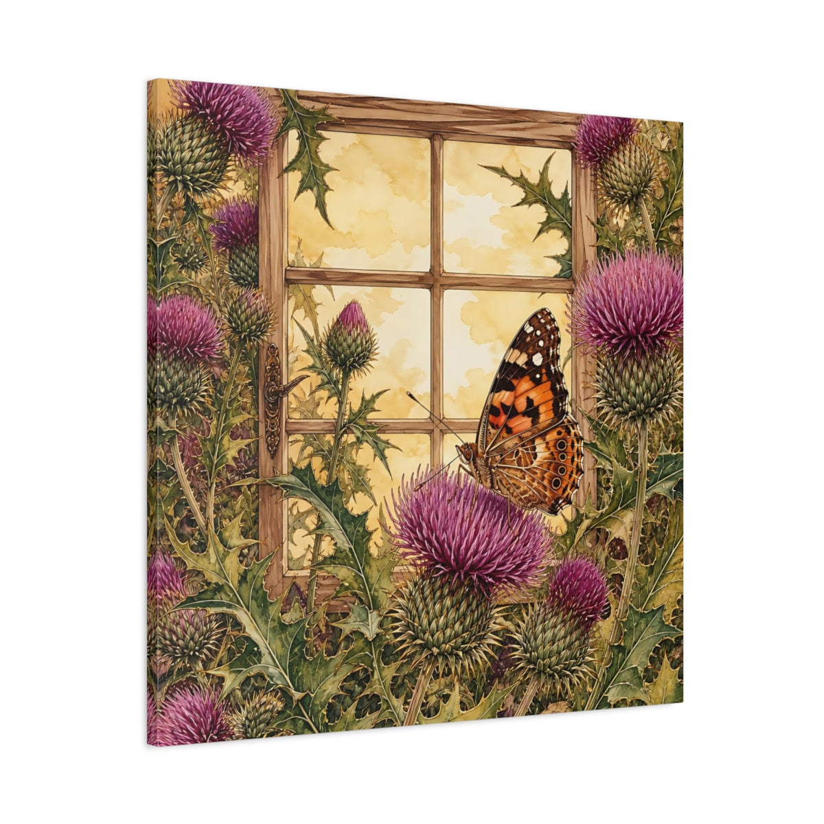 Main Mockup. Nature Butterfly Purple Thistle Butterfly shown as stretched canvas wall art