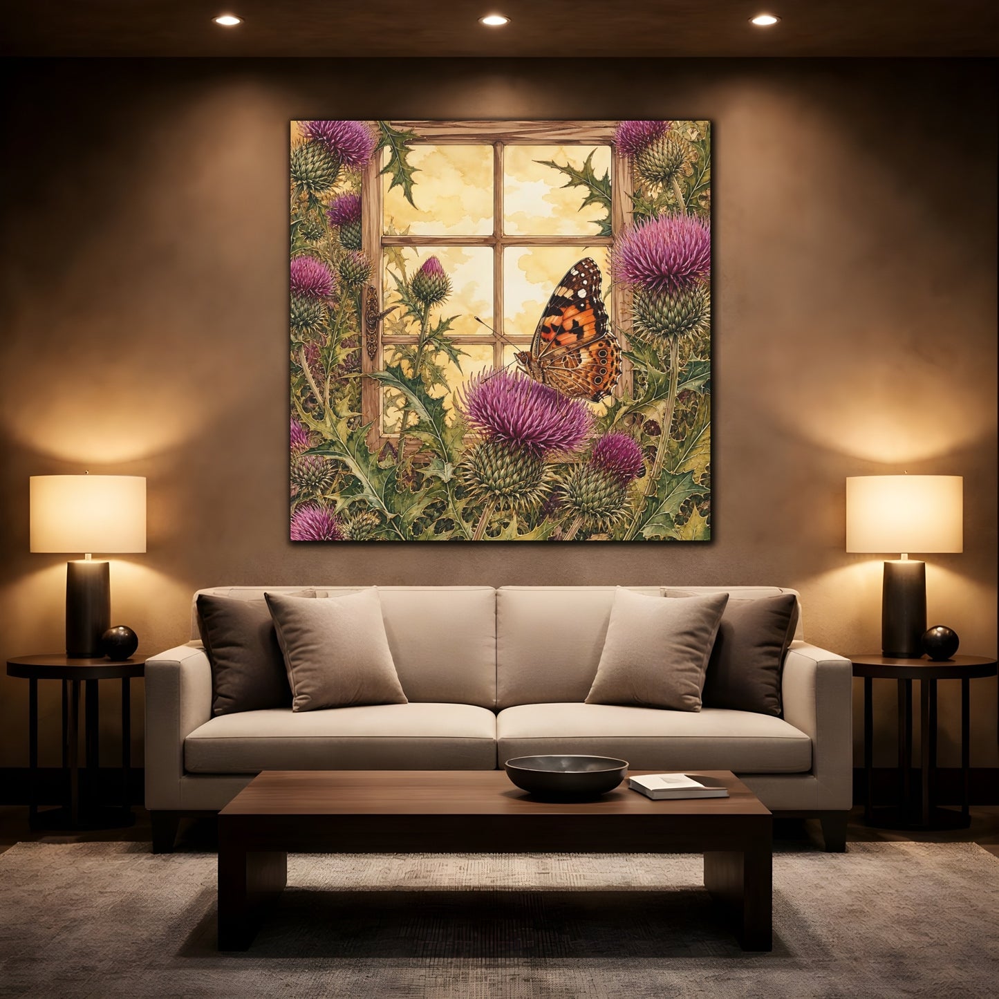 Mockup 2. Nature Butterfly Purple Thistle Butterfly shown as stretched canvas wall art