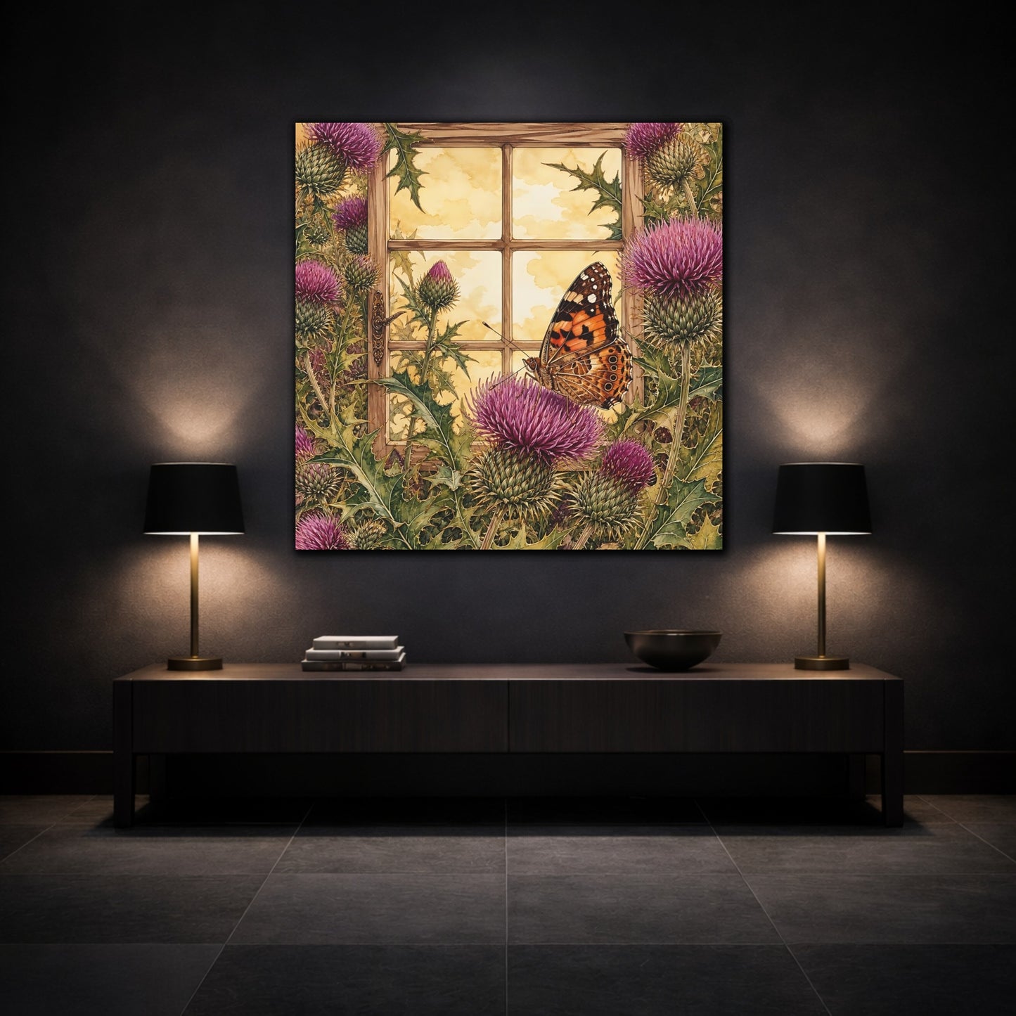 Mockup 3. Nature Butterfly Purple Thistle Butterfly shown as stretched canvas wall art