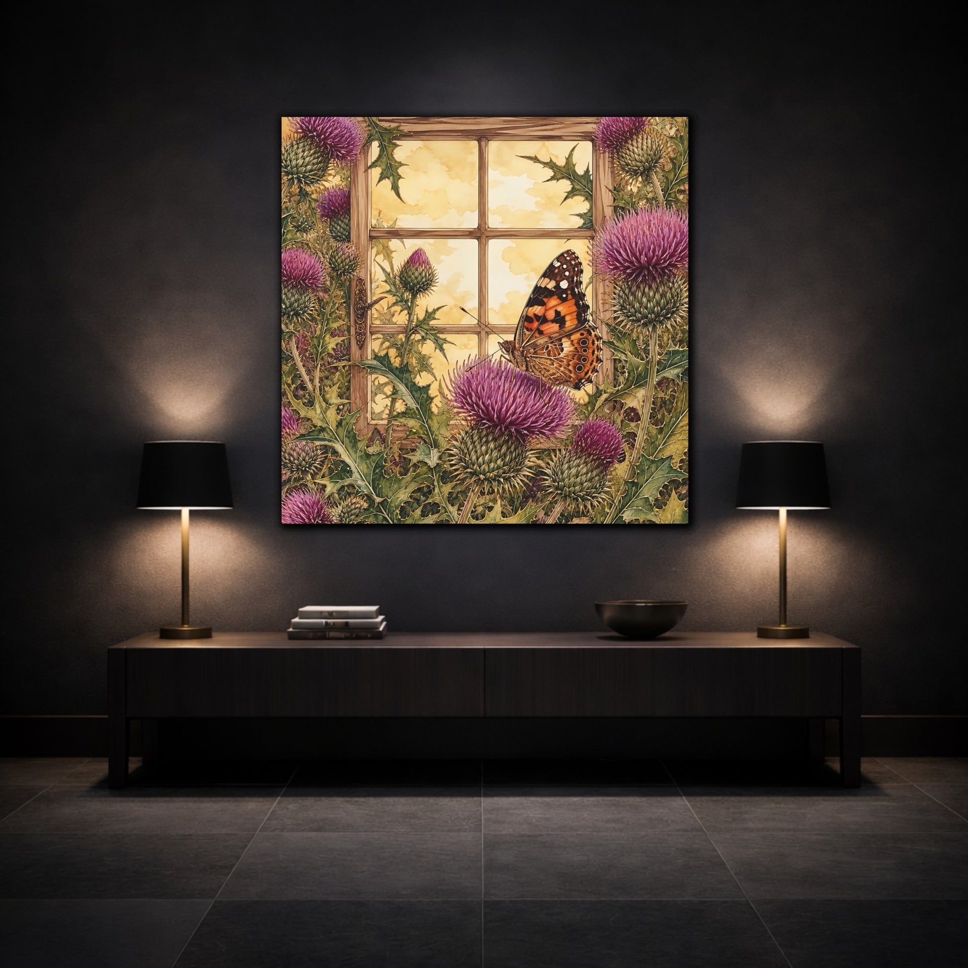 Mockup 3. Nature Butterfly Purple Thistle Butterfly shown as stretched canvas wall art