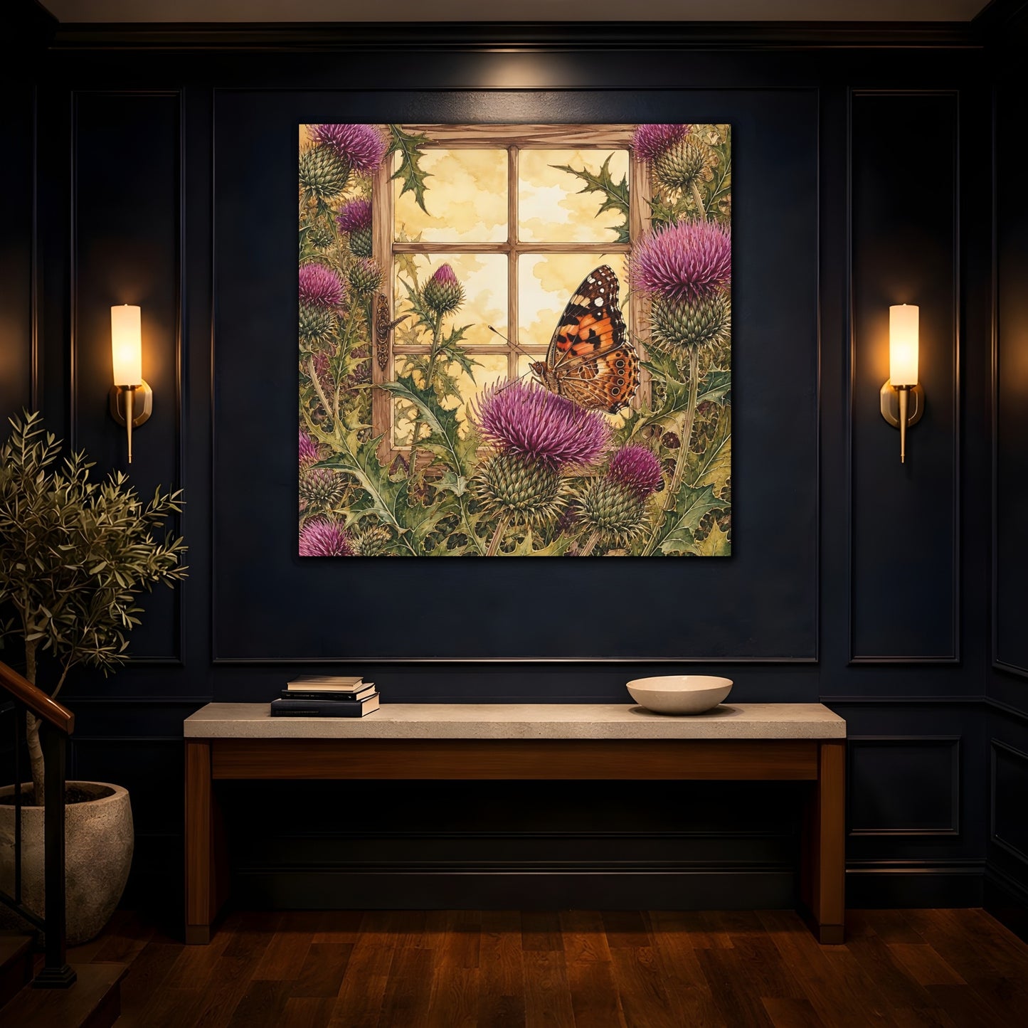Mockup 4. Nature Butterfly Purple Thistle Butterfly shown as stretched canvas wall art