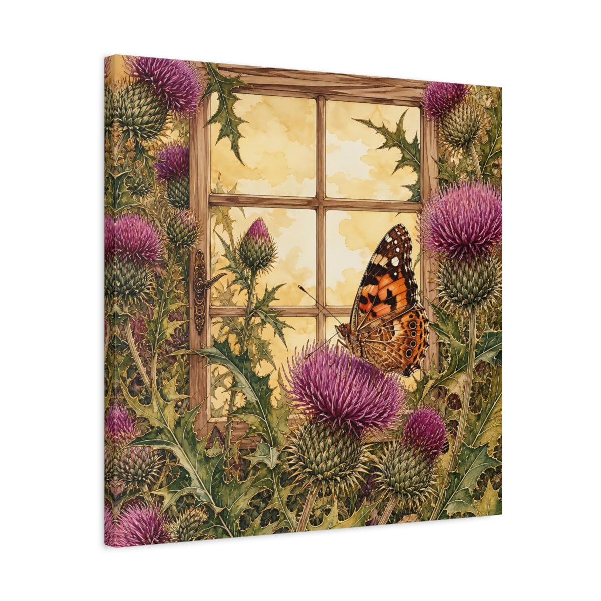 Side Mockup 4. Nature Butterfly Purple Thistle Butterfly shown as stretched canvas wall art