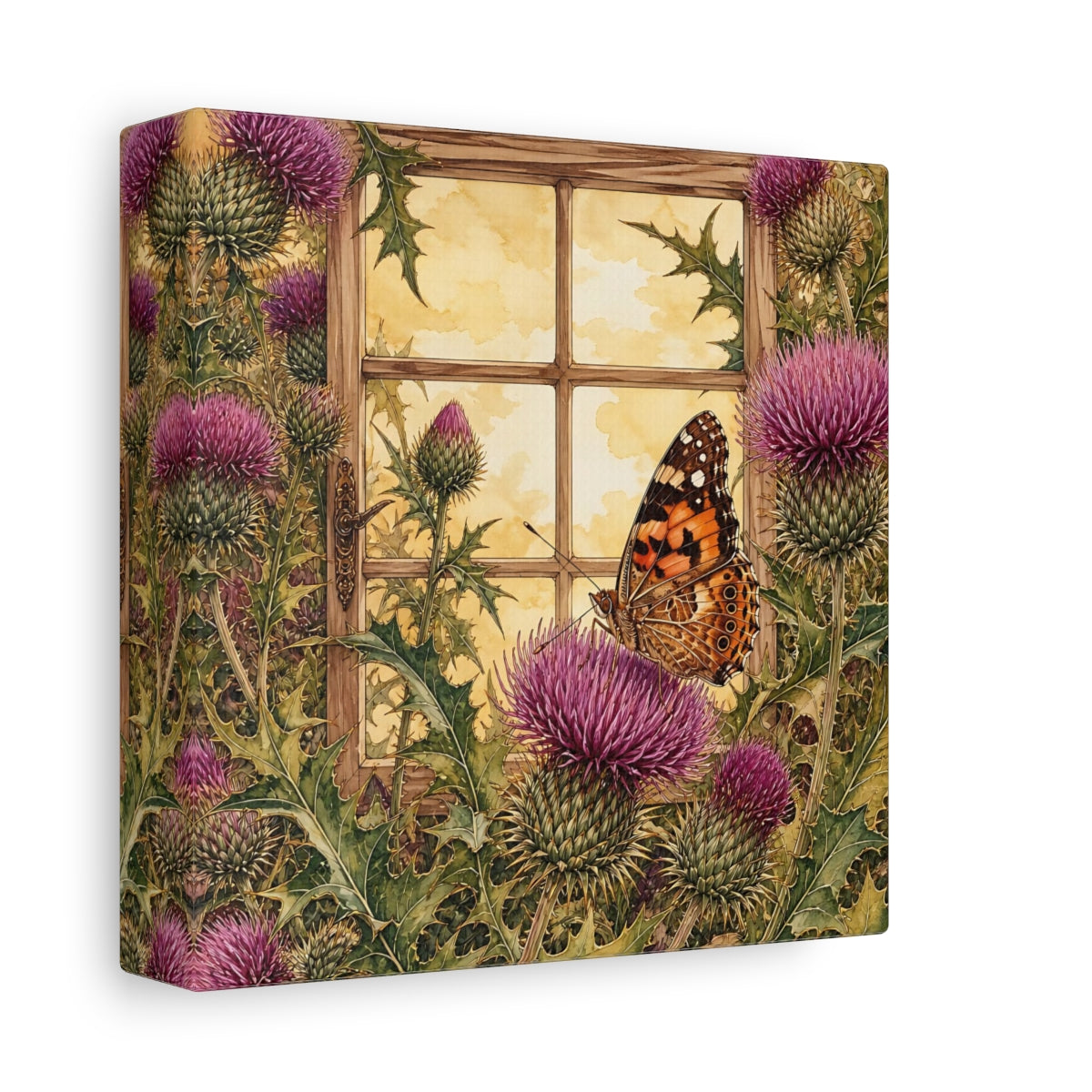 Side Mockup 2. Nature Butterfly Purple Thistle Butterfly shown as stretched canvas wall art