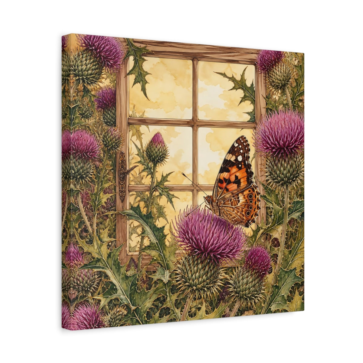 Side Mockup 6. Nature Butterfly Purple Thistle Butterfly shown as stretched canvas wall art