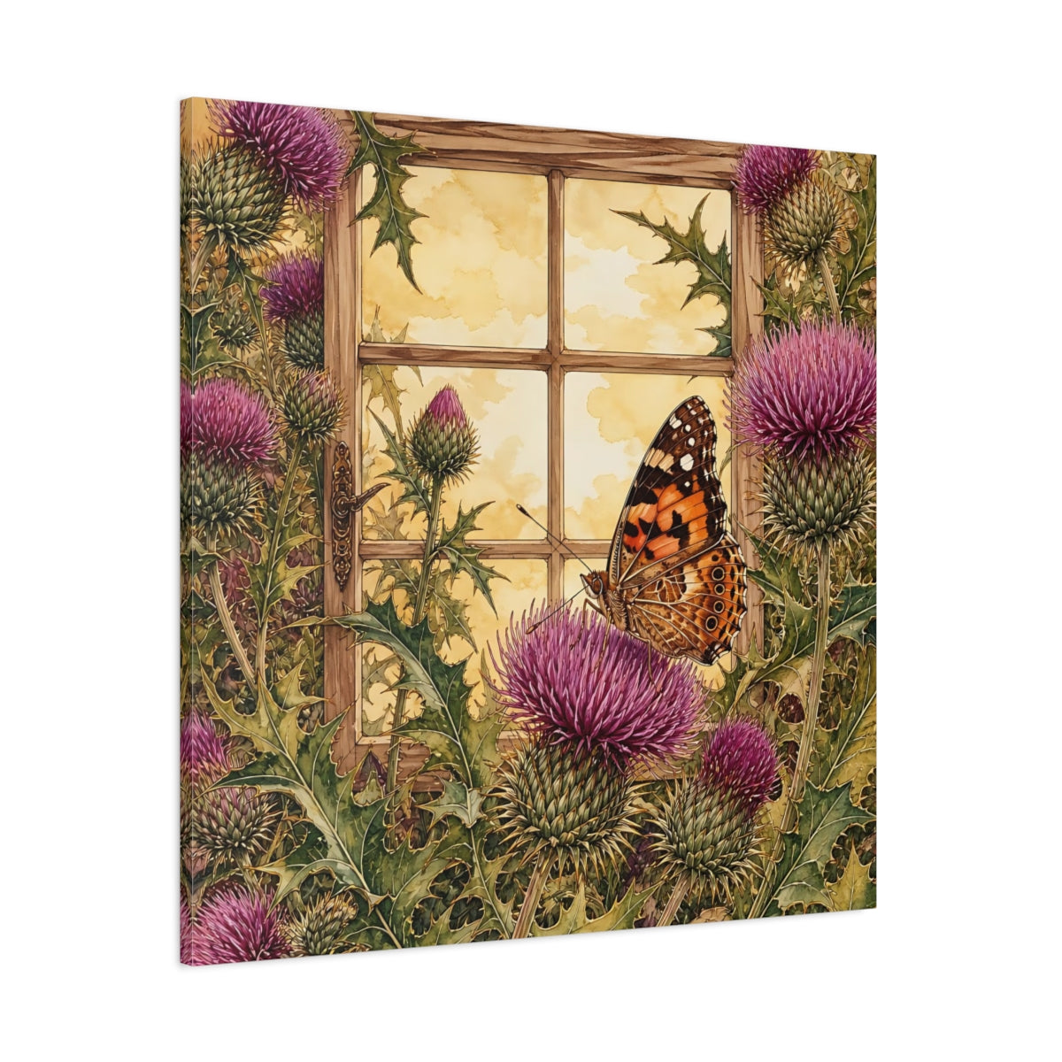 Side Mockup 1. Nature Butterfly Purple Thistle Butterfly shown as stretched canvas wall art