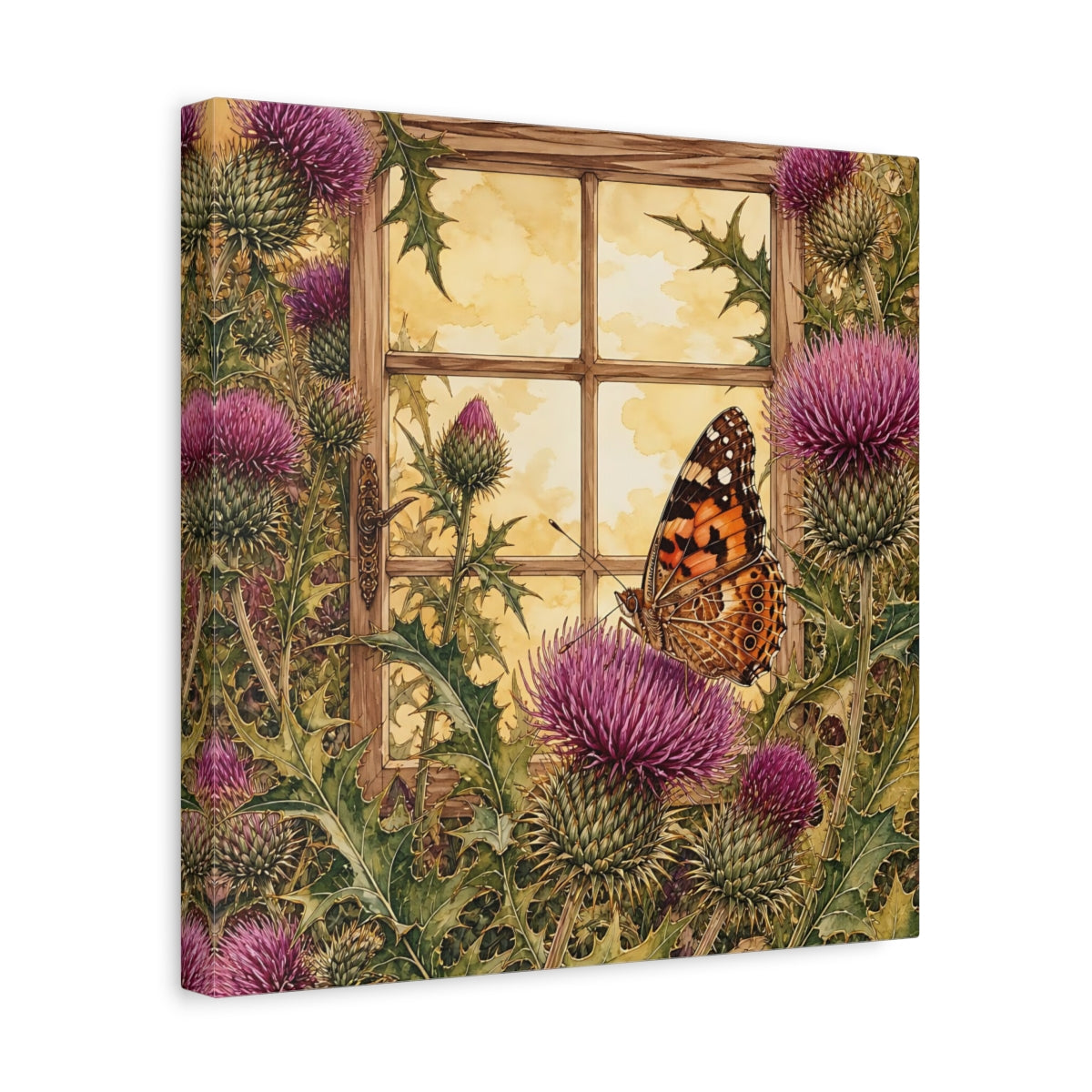 Side Mockup 7. Nature Butterfly Purple Thistle Butterfly shown as stretched canvas wall art