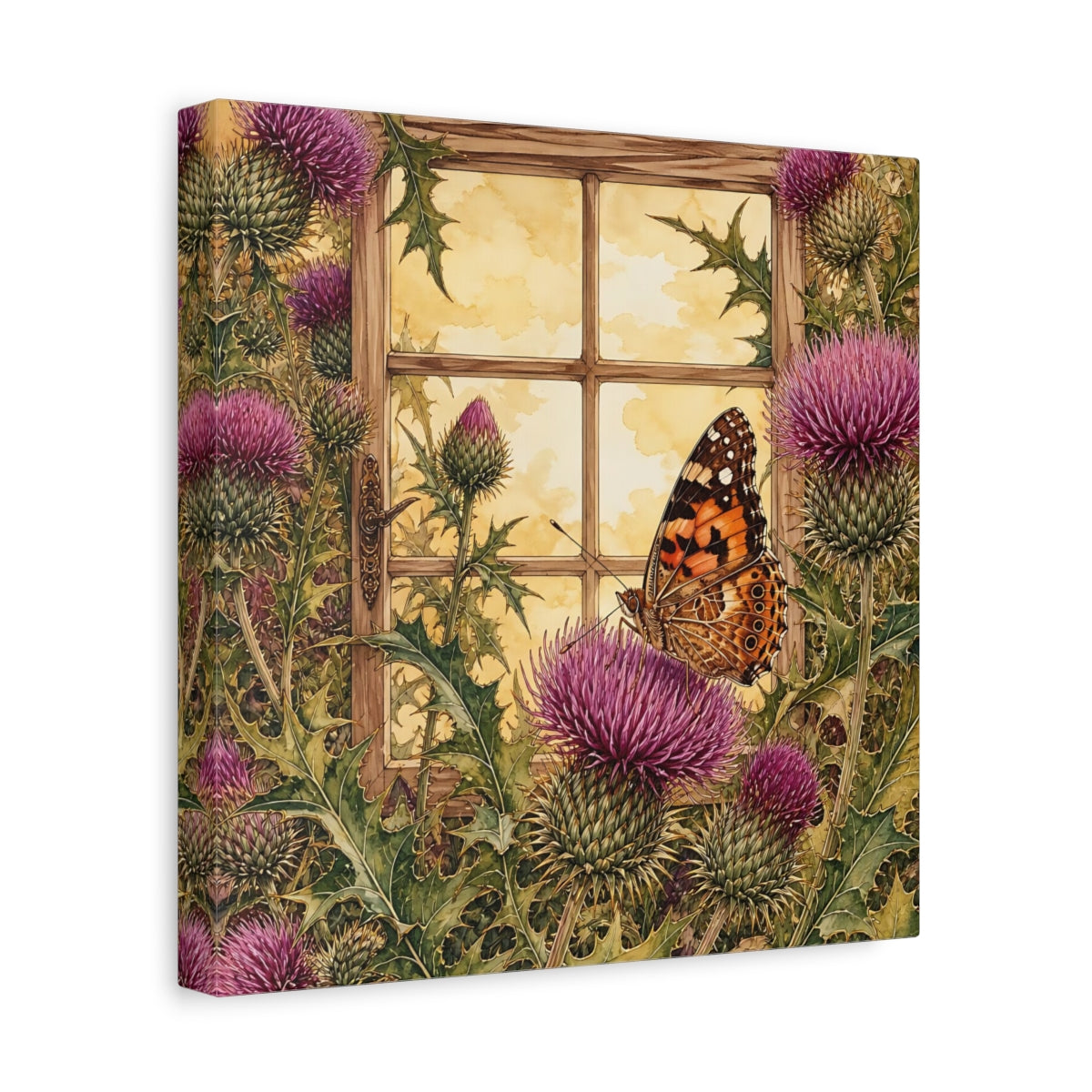 Side Mockup 8. Nature Butterfly Purple Thistle Butterfly shown as stretched canvas wall art