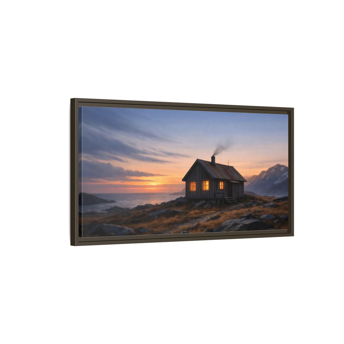 Main Mockup. Nature Cabin Sunset Cabin shown as stretched canvas wall art