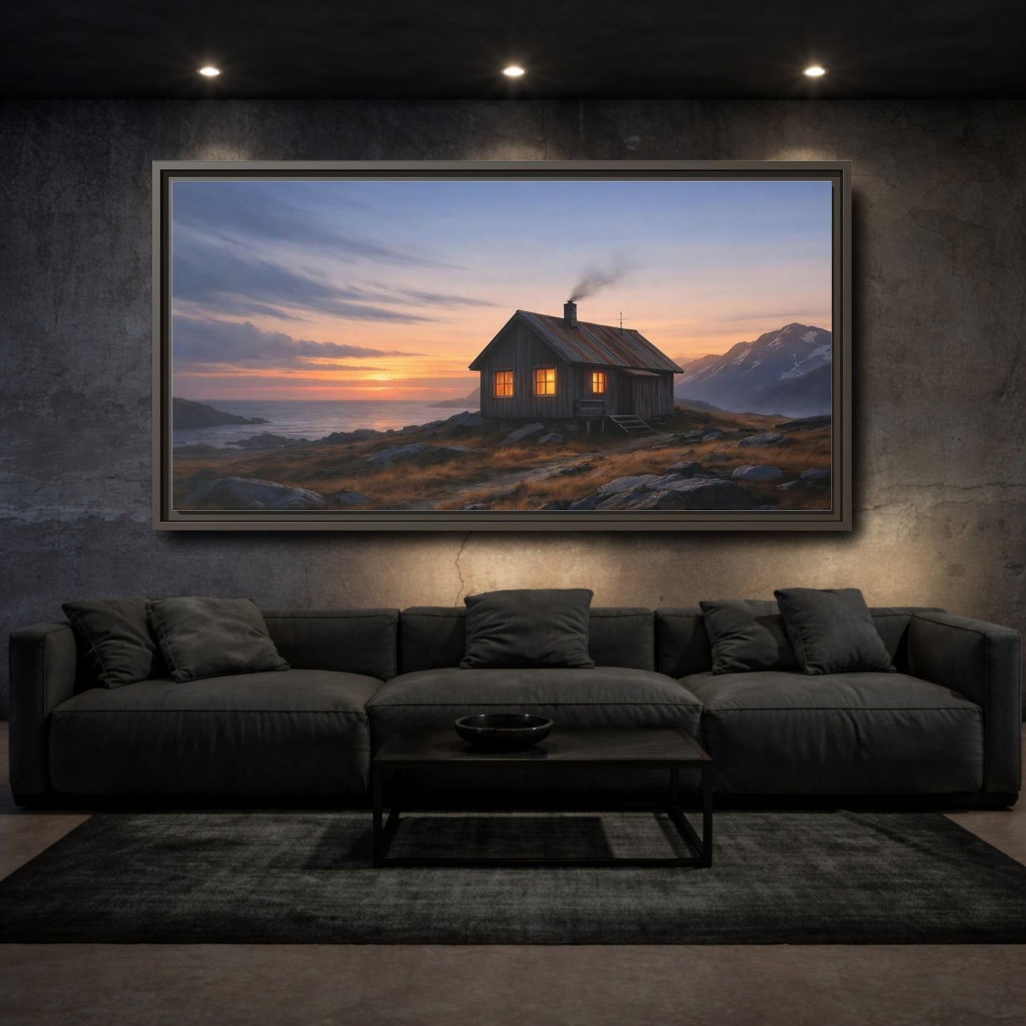 Mockup 2. Nature Cabin Sunset Cabin shown as stretched canvas wall art
