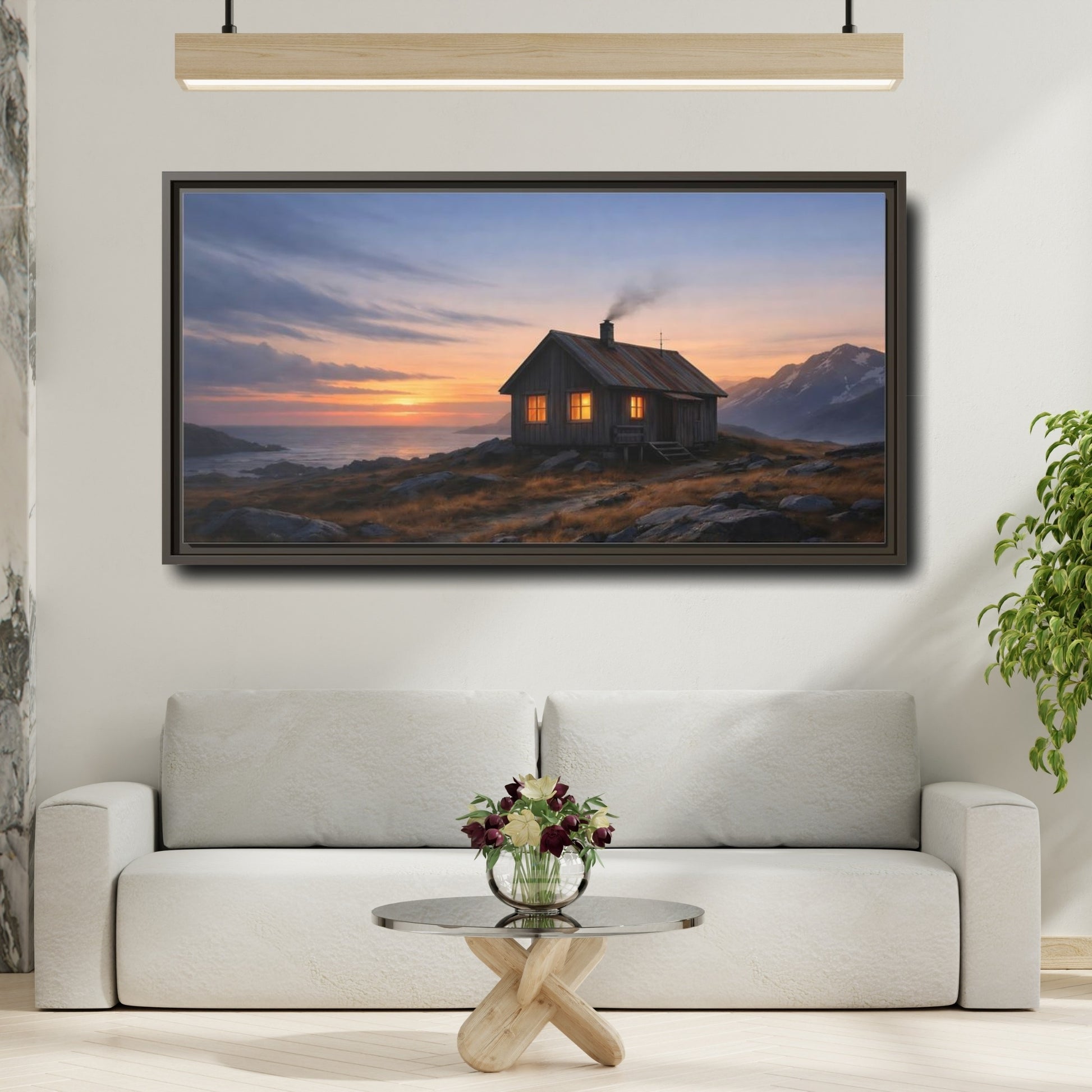 Mockup 3. Nature Cabin Sunset Cabin shown as stretched canvas wall art