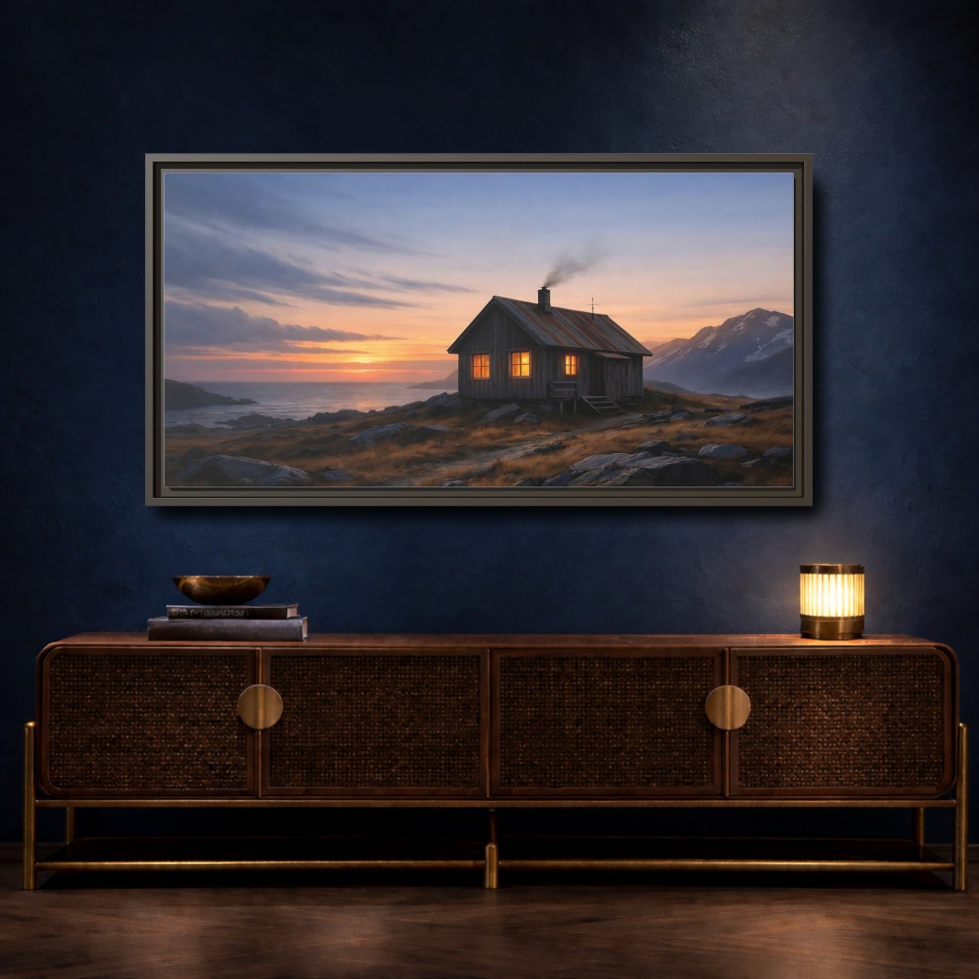 Mockup 4. Nature Cabin Sunset Cabin shown as stretched canvas wall art