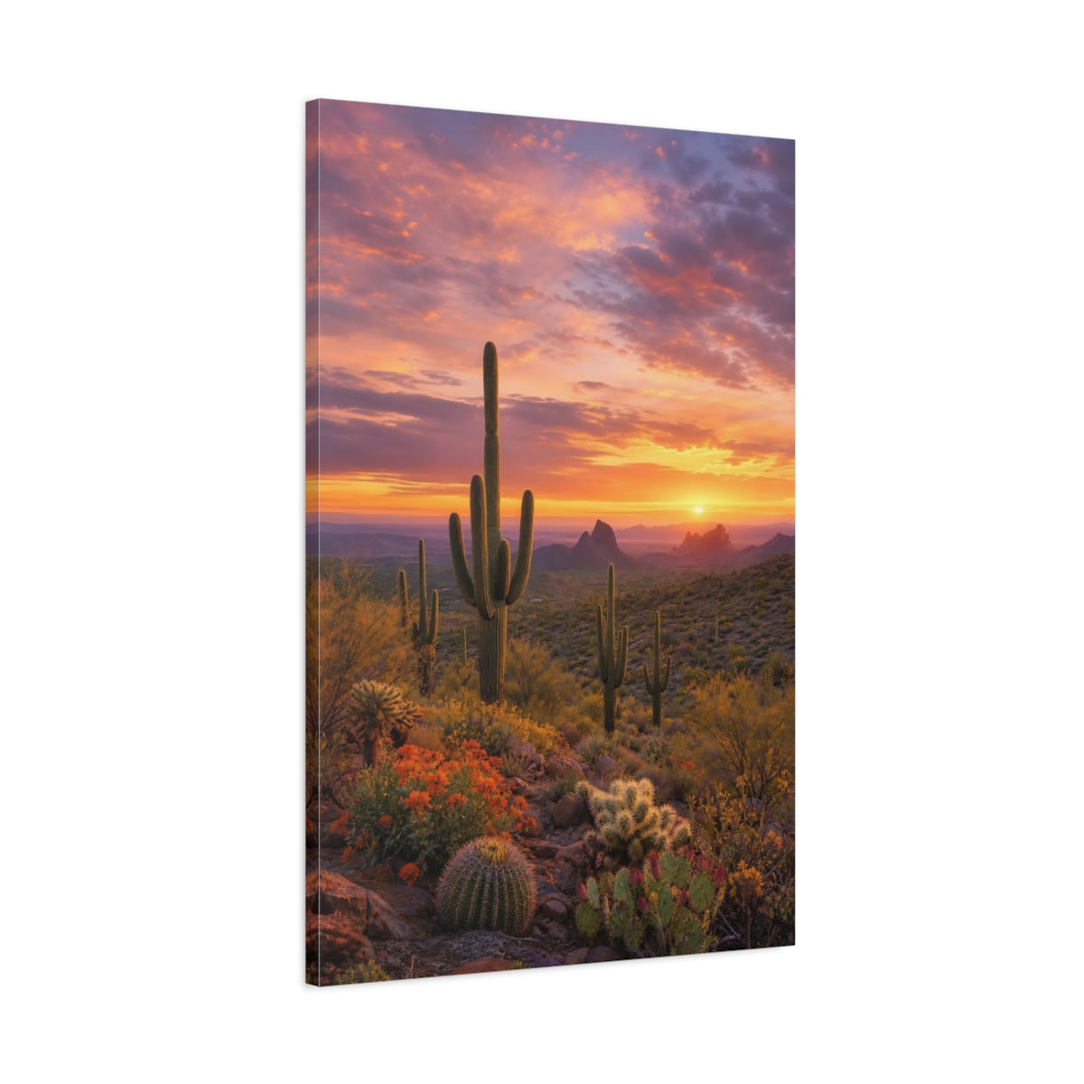 Main Mockup. Nature Cactus Orange Purple Desert shown as stretched canvas wall art