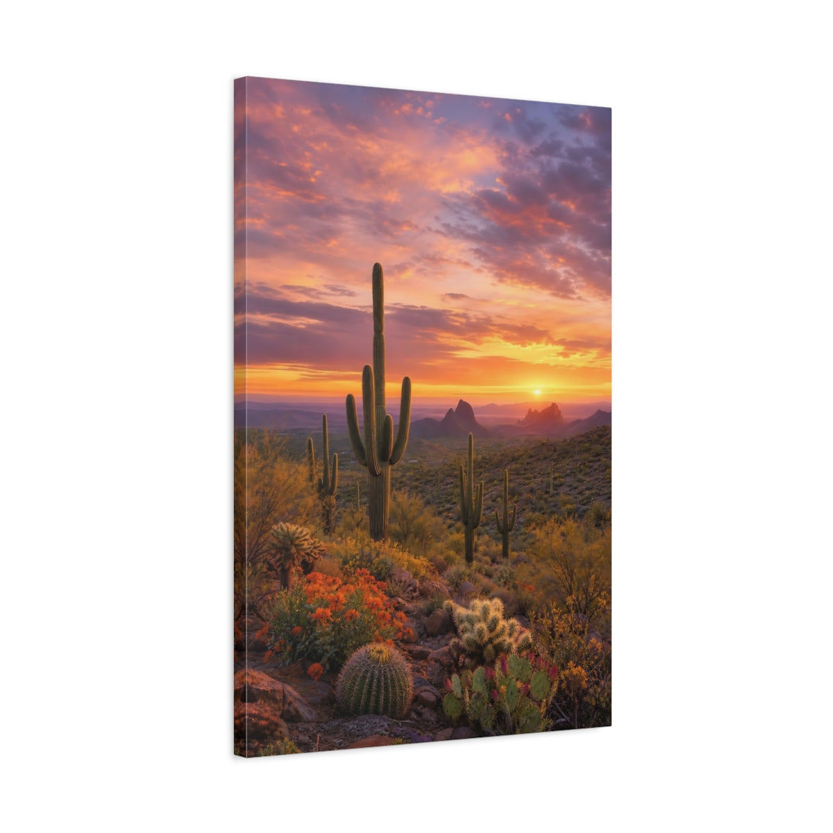 Side Mockup 2. Nature Cactus Orange Purple Desert shown as stretched canvas wall art