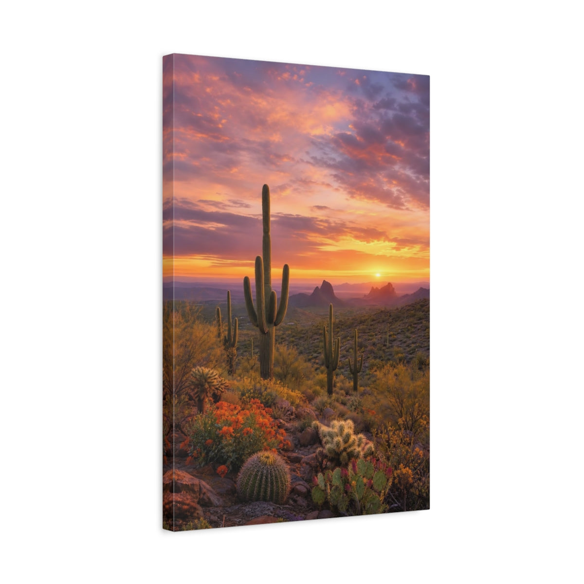 Side Mockup 3. Nature Cactus Orange Purple Desert shown as stretched canvas wall art