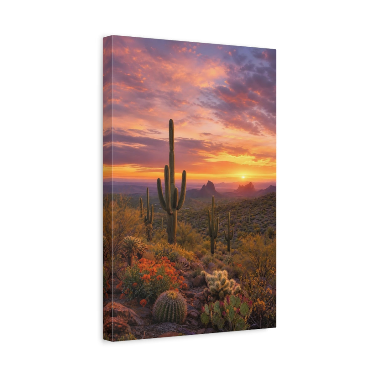 Side Mockup 4. Nature Cactus Orange Purple Desert shown as stretched canvas wall art