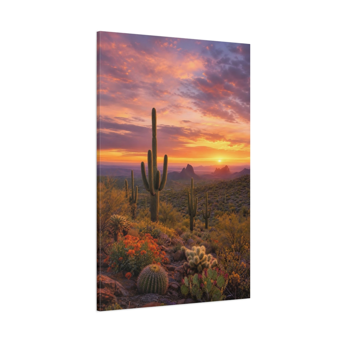 Side Mockup 1. Nature Cactus Orange Purple Desert shown as stretched canvas wall art
