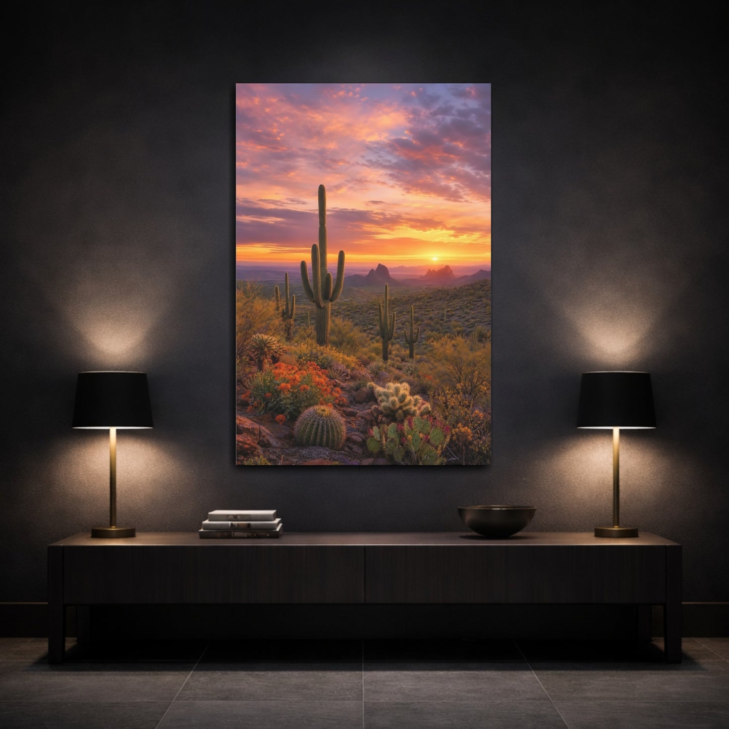 Mockup 3. Nature Cactus Orange Purple Desert shown as stretched canvas wall art