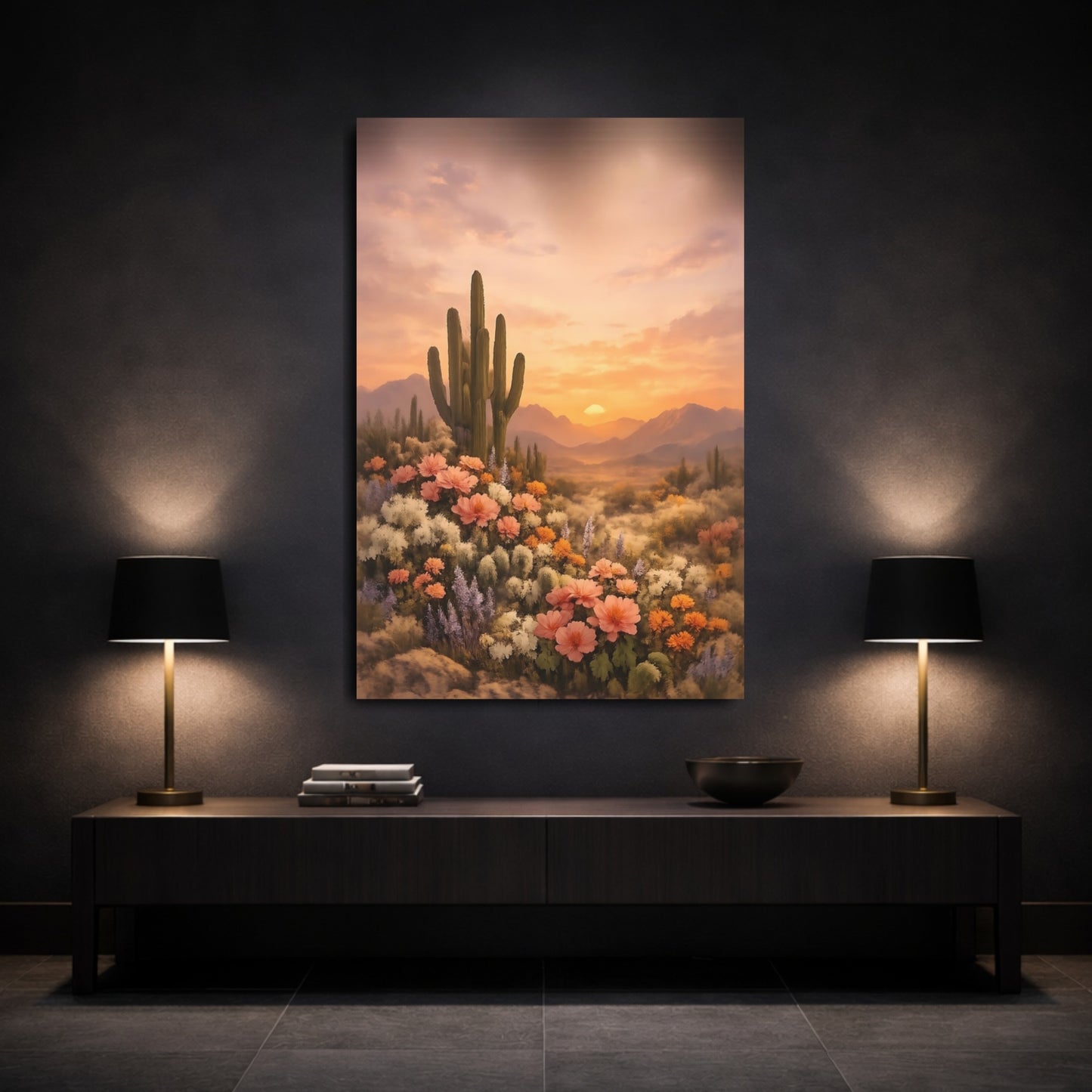 Nature Cactus, Wildflowers Desert Sunset Flowers shown as front canvas room wall art