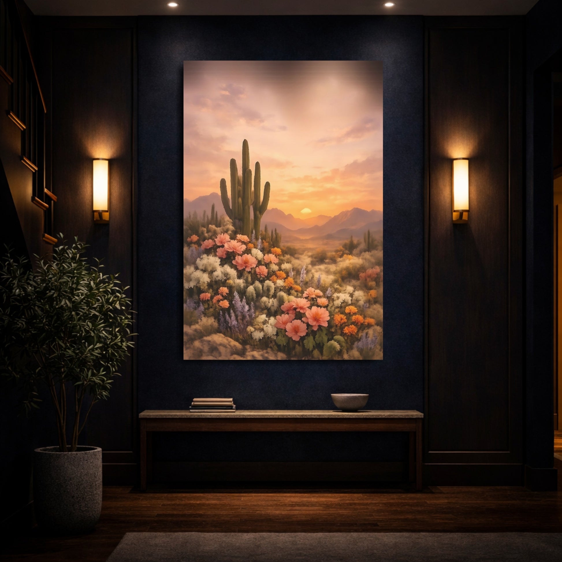 Nature Cactus, Wildflowers Desert Sunset Flowers shown as front canvas room wall art