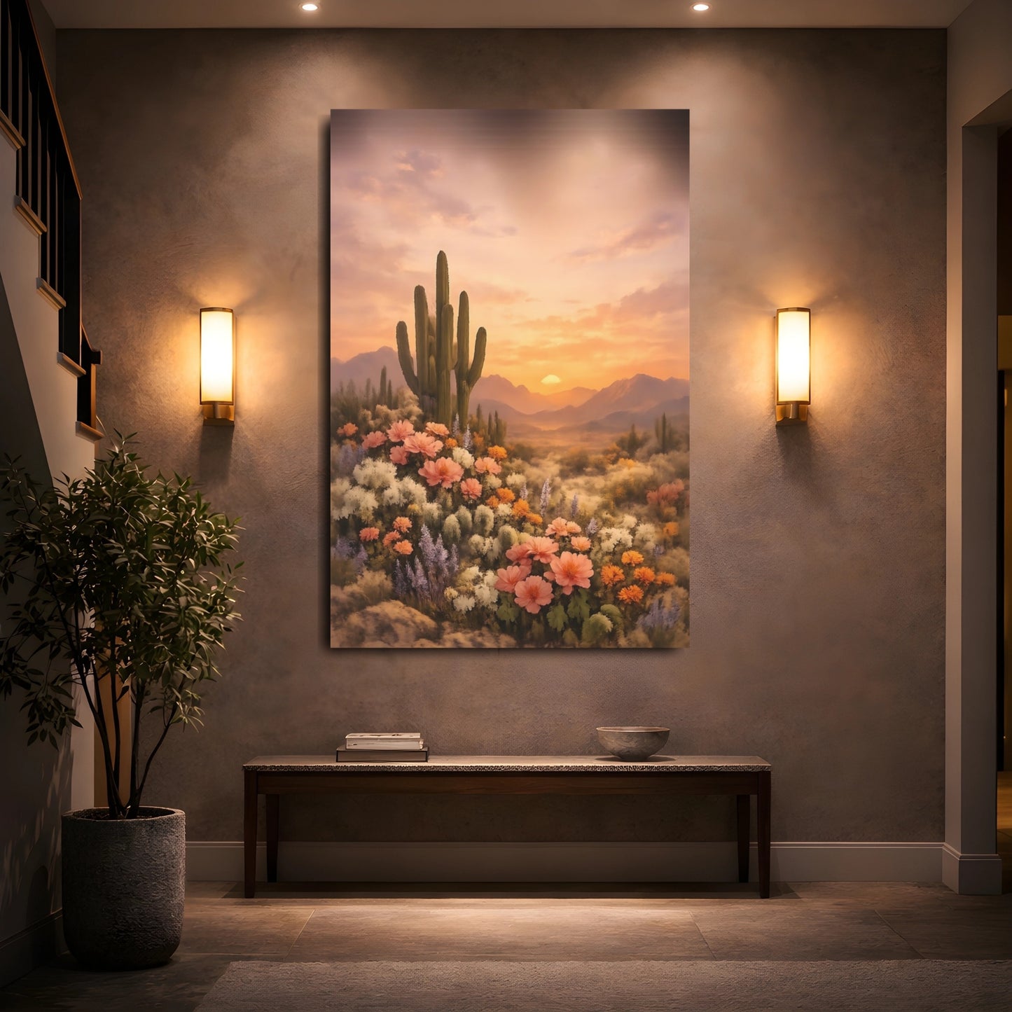 Nature Cactus, Wildflowers Desert Sunset Flowers shown as front canvas room wall art