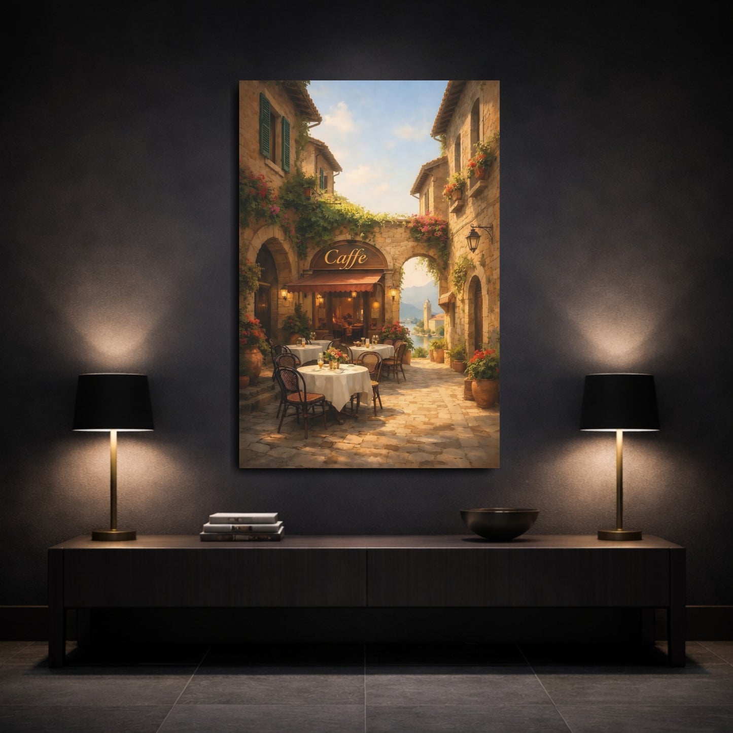 Mockup 2. Nature Cafe Terrace Mediterranean Cafe shown as stretched canvas wall art
