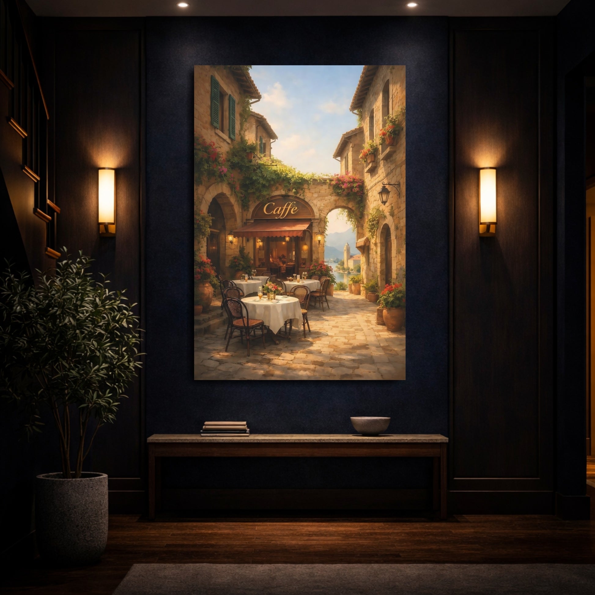 Mockup 3. Nature Cafe Terrace Mediterranean Cafe shown as stretched canvas wall art