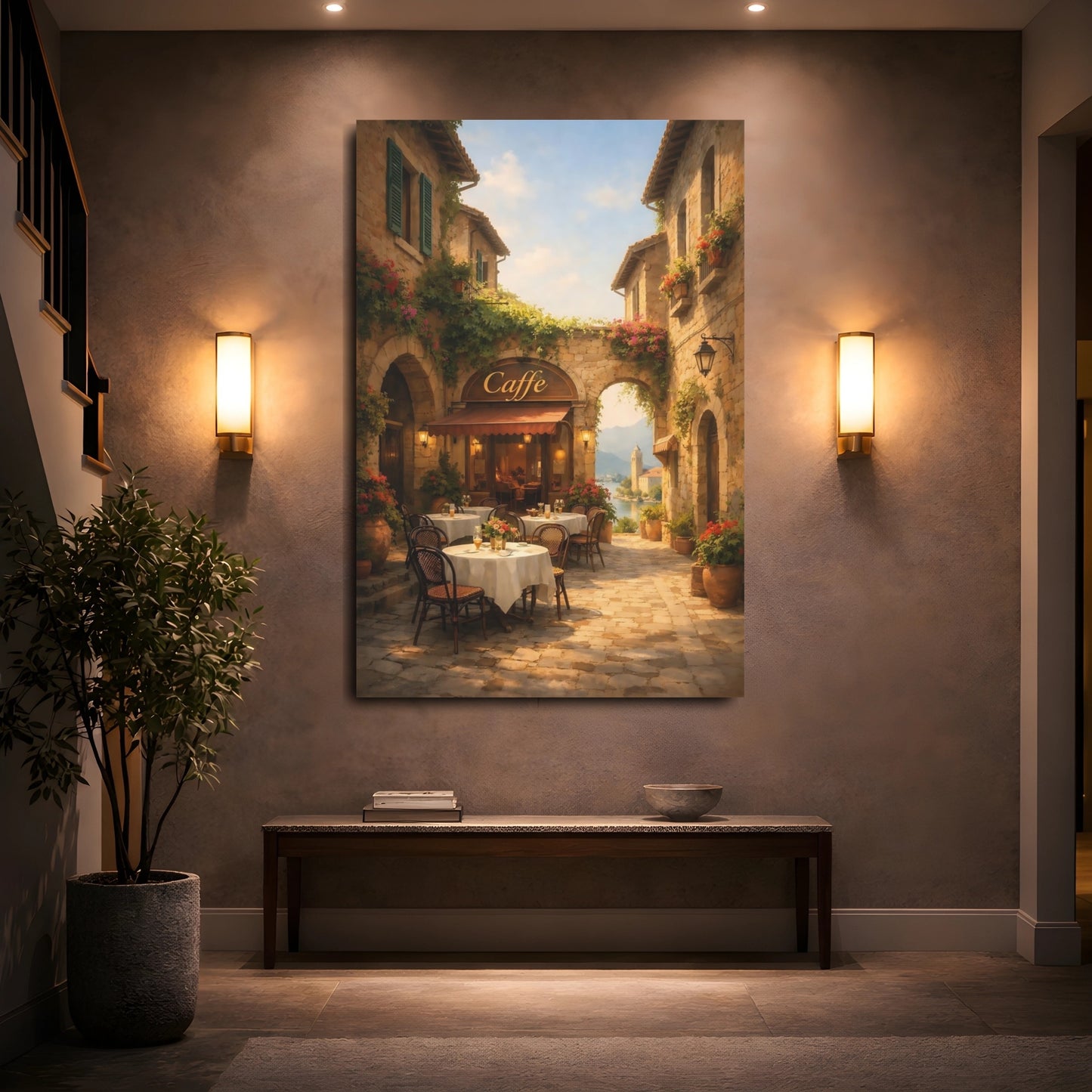 Mockup 4. Nature Cafe Terrace Mediterranean Cafe shown as stretched canvas wall art