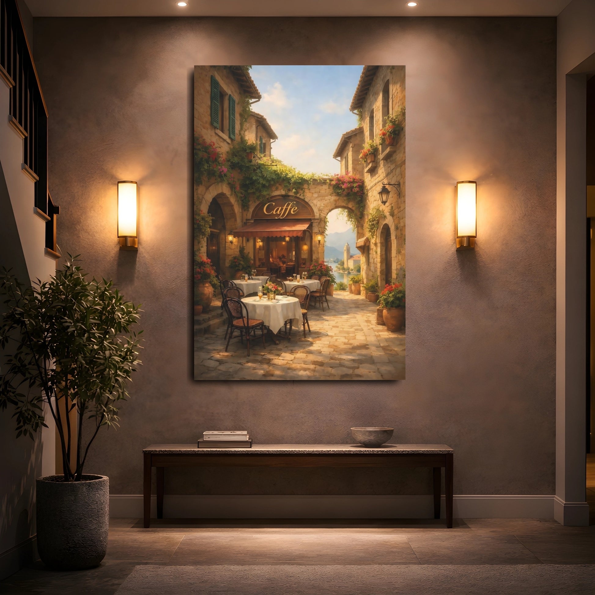Mockup 4. Nature Cafe Terrace Mediterranean Cafe shown as stretched canvas wall art