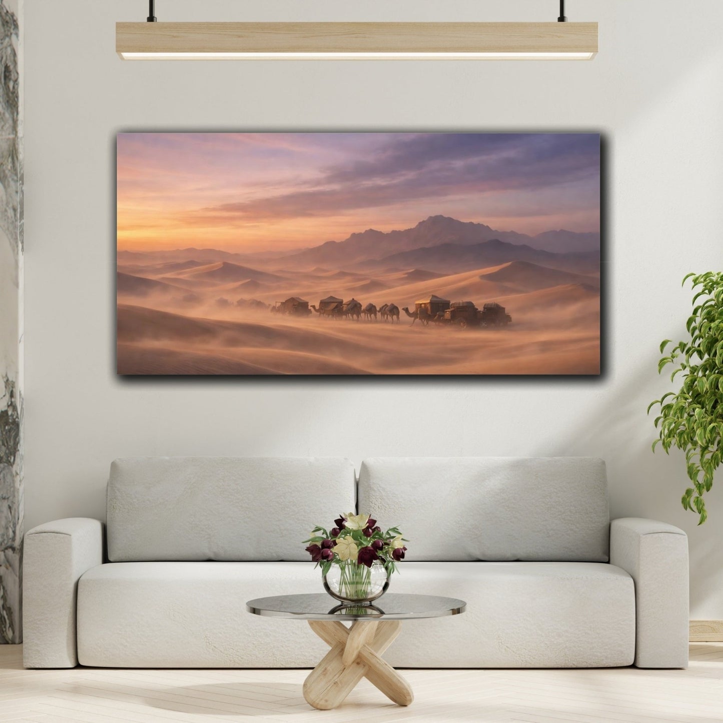Nature Camel Caravan Desert Sunset - Canvas Wall Art Print - YesArtYes