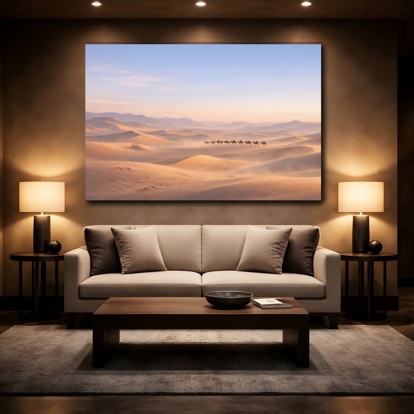 Mockup 3. Nature Camel Train Desert Camel Train shown as stretched canvas wall art